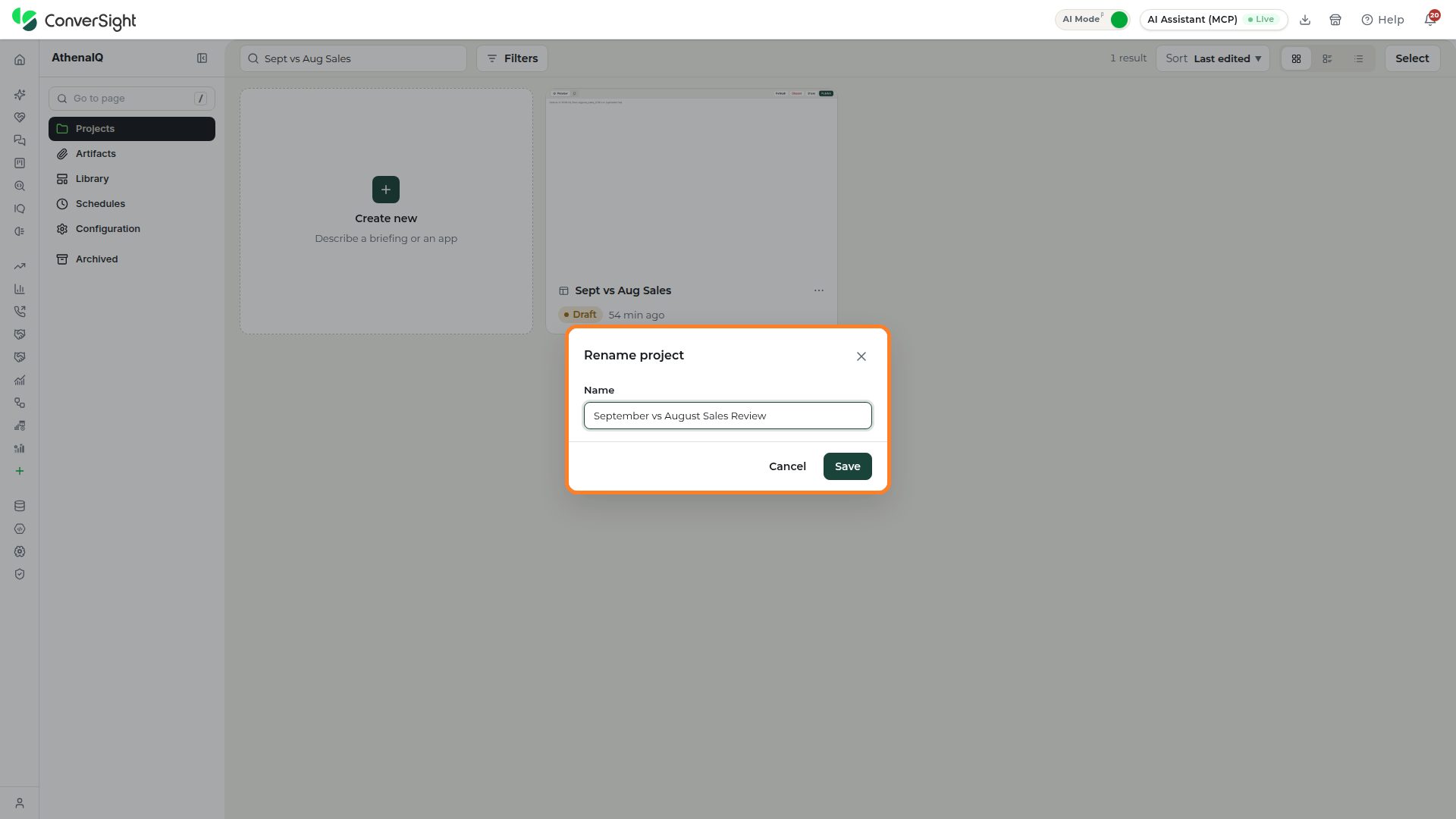Rename project popup highlighted with the Name field and the Cancel and Save buttons