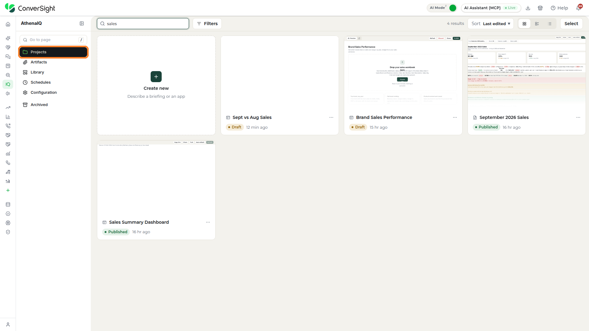 Projects section of Athena IQ showing the project cards and the header controls