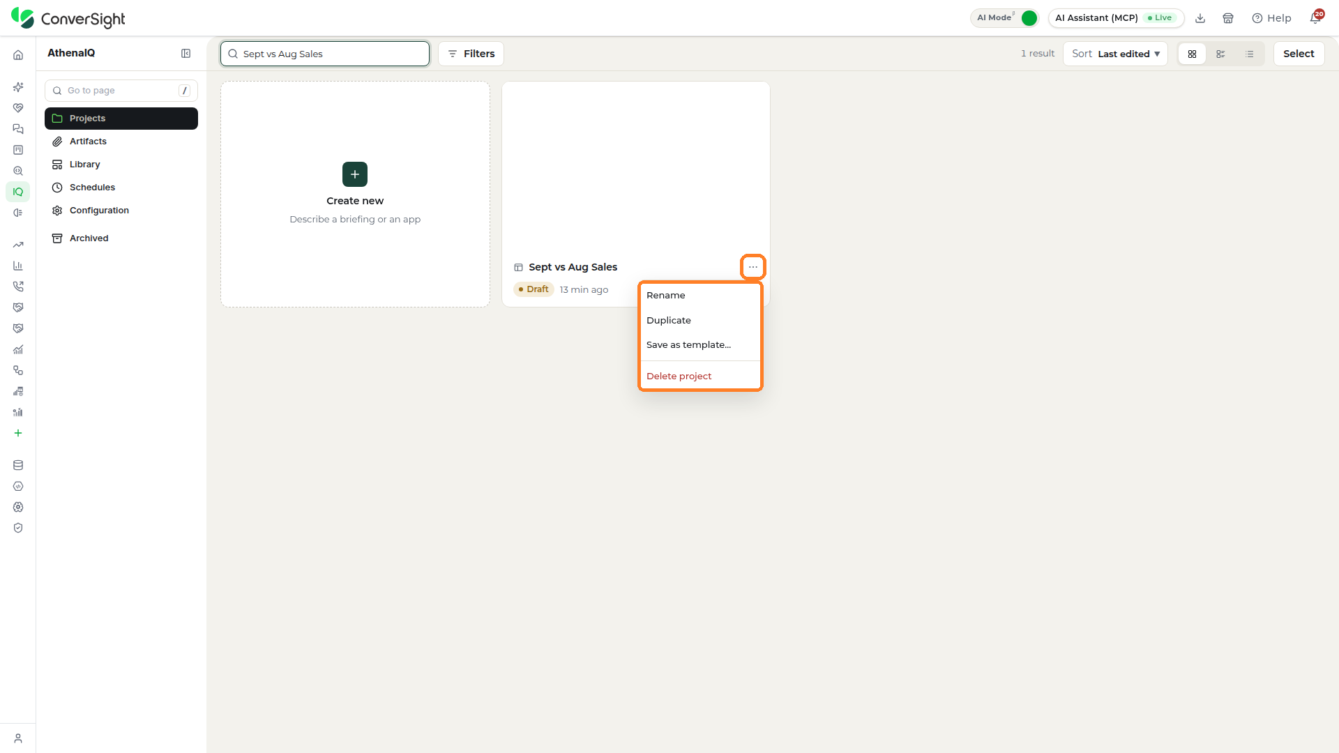 Actions icon and the open menu highlighted on a project card, with the Rename, Duplicate, Save as template and Delete project options