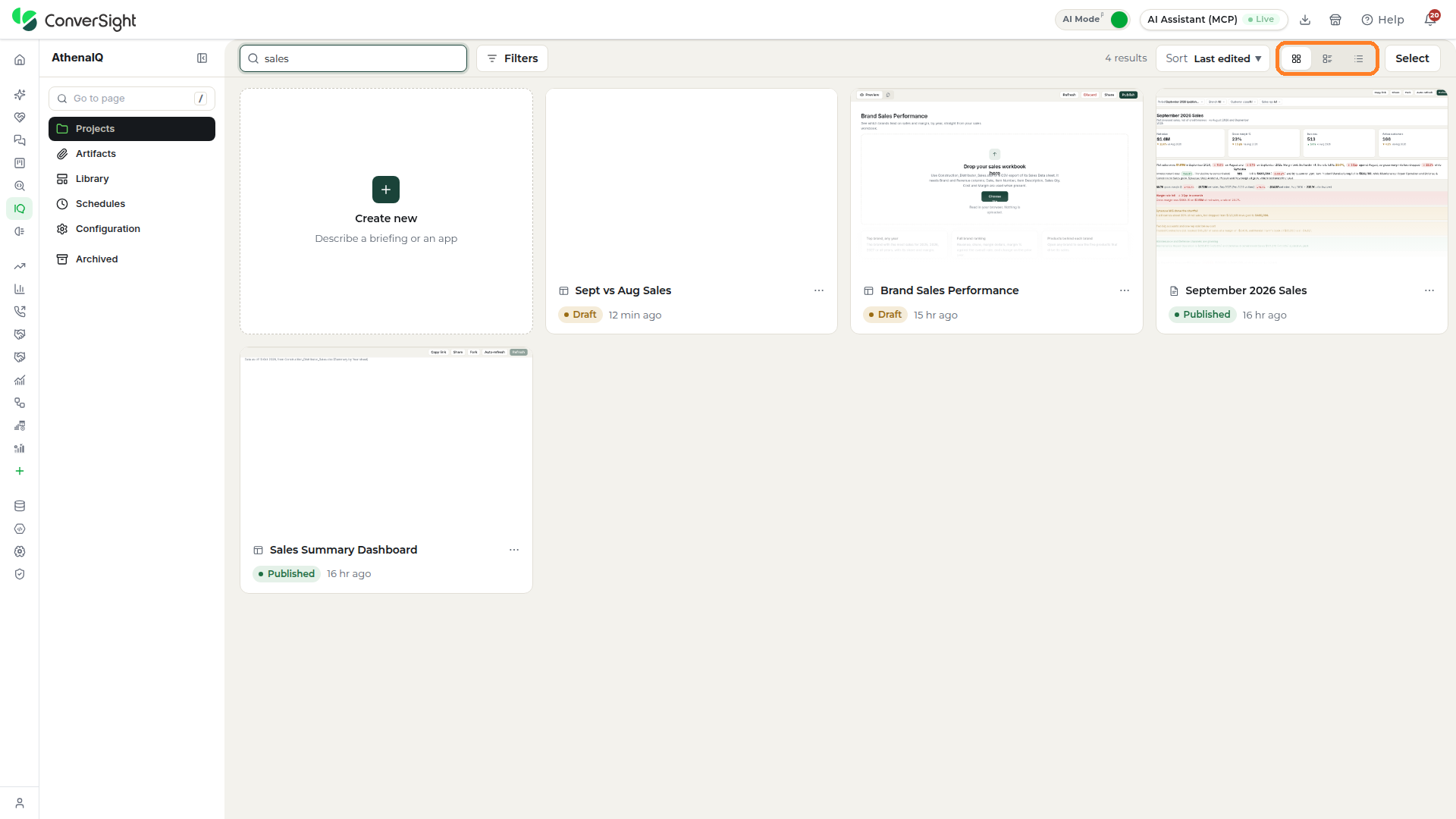 Grid, Compact and List layout buttons highlighted beside the Sort control in the Projects section