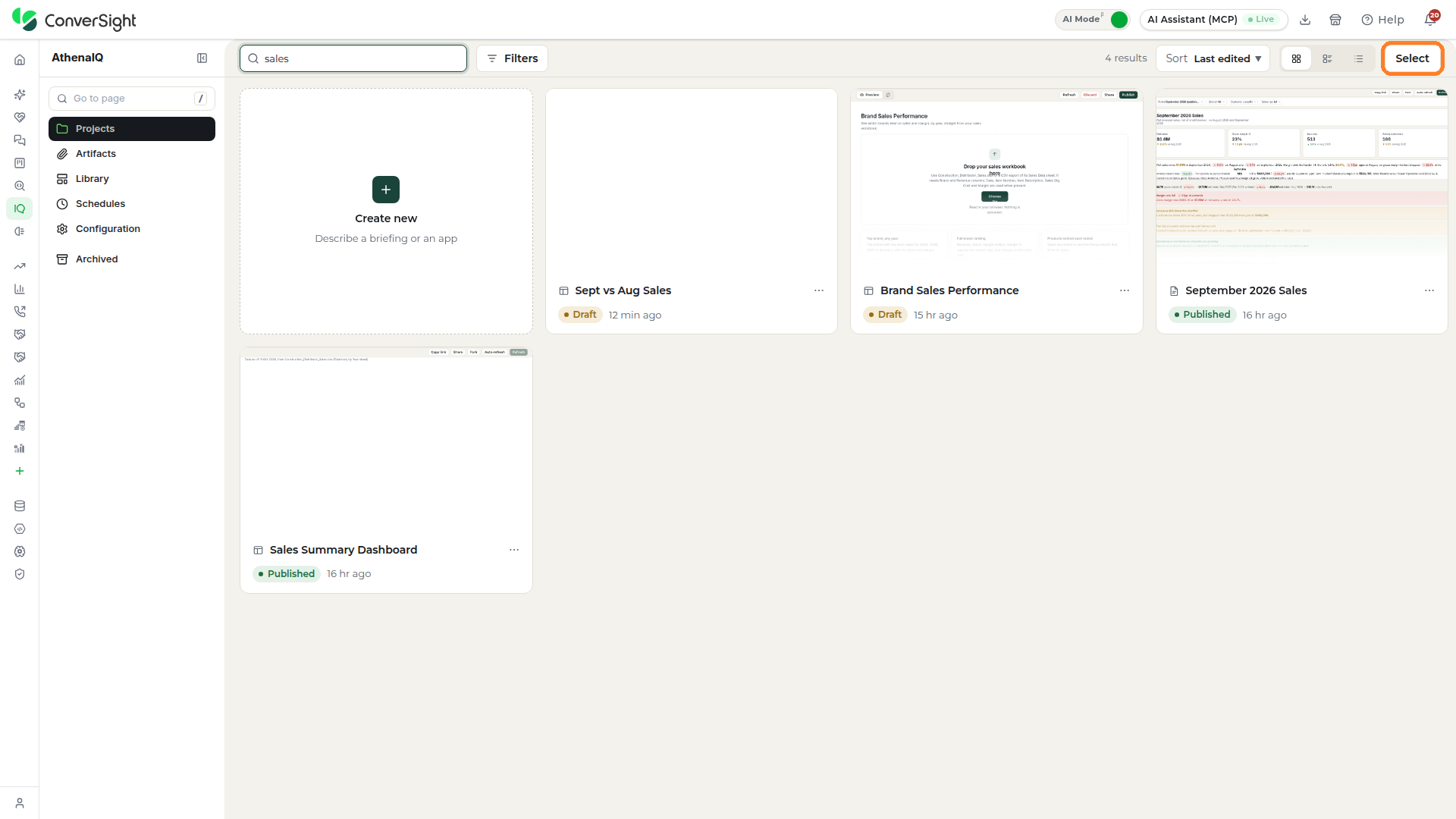 Select control highlighted at the top right of the Projects section