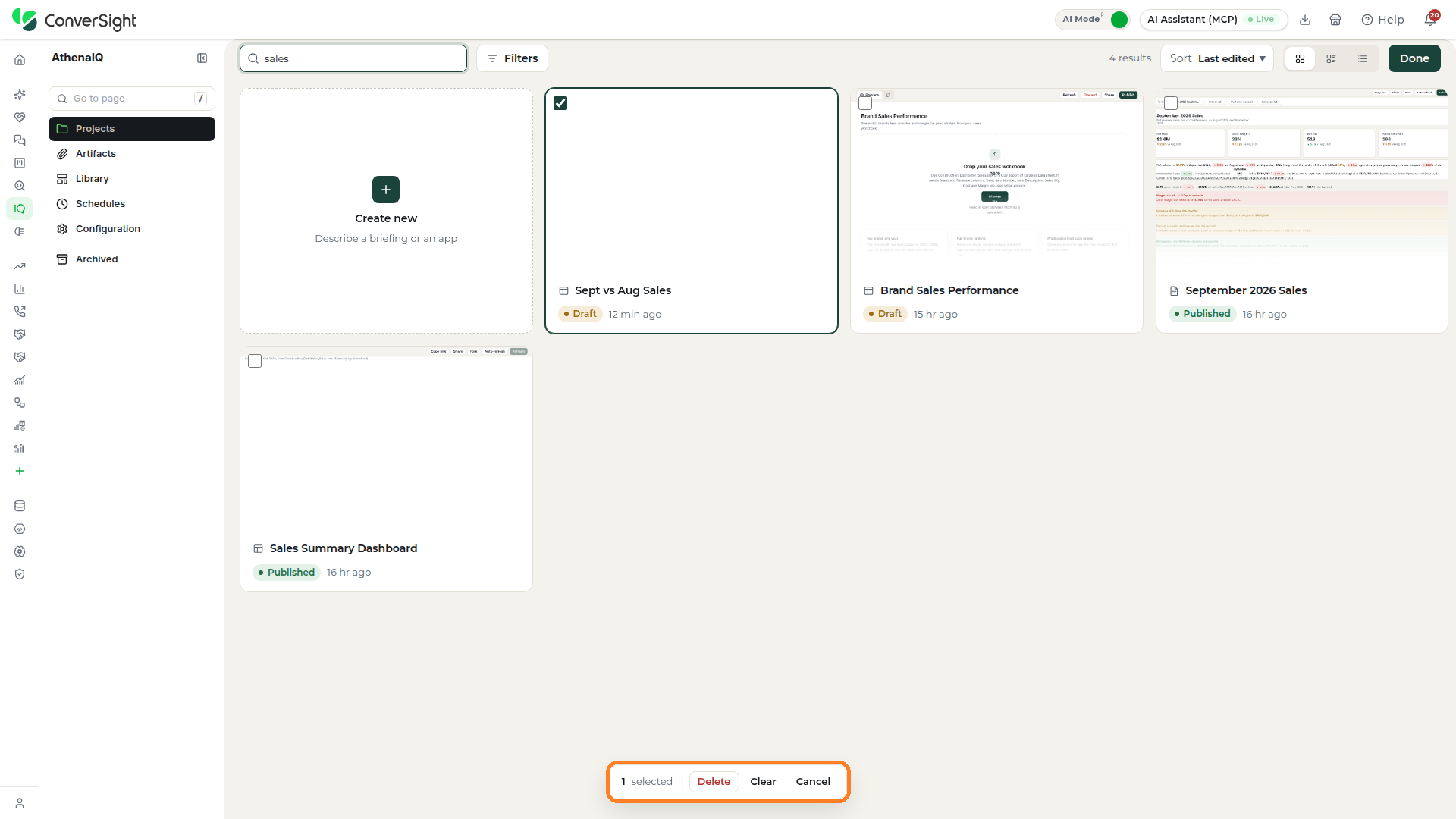 Projects section in selection mode with one card selected and the selection bar highlighted