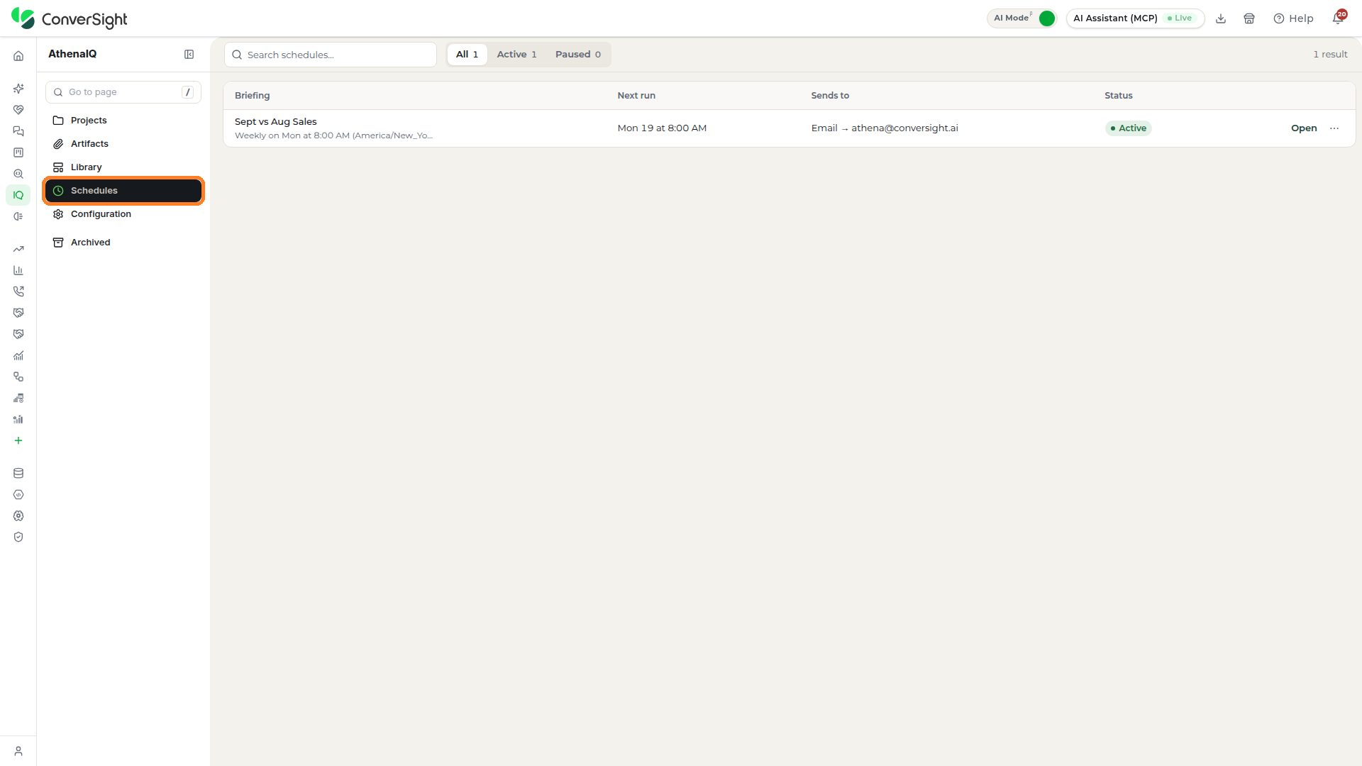 Schedules entry highlighted in the Athena IQ side menu with a schedule listed on the Schedules section