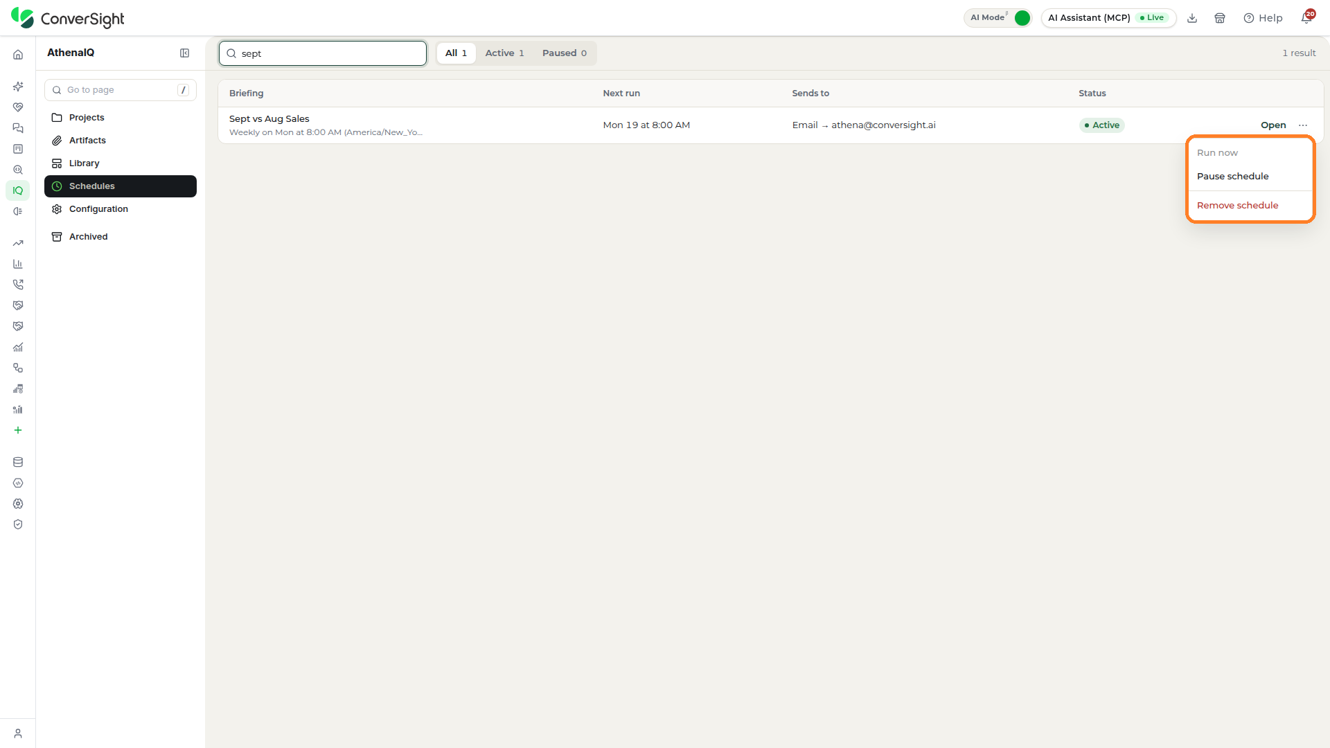Actions menu open on a schedule's row with the Run now, Pause schedule and Remove schedule options highlighted