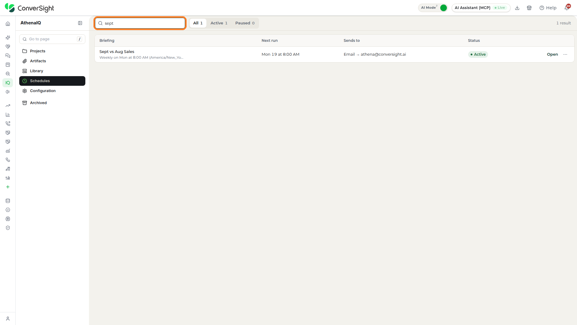 Search schedules box highlighted at the top of the Schedules section with the list narrowed to a matching schedule