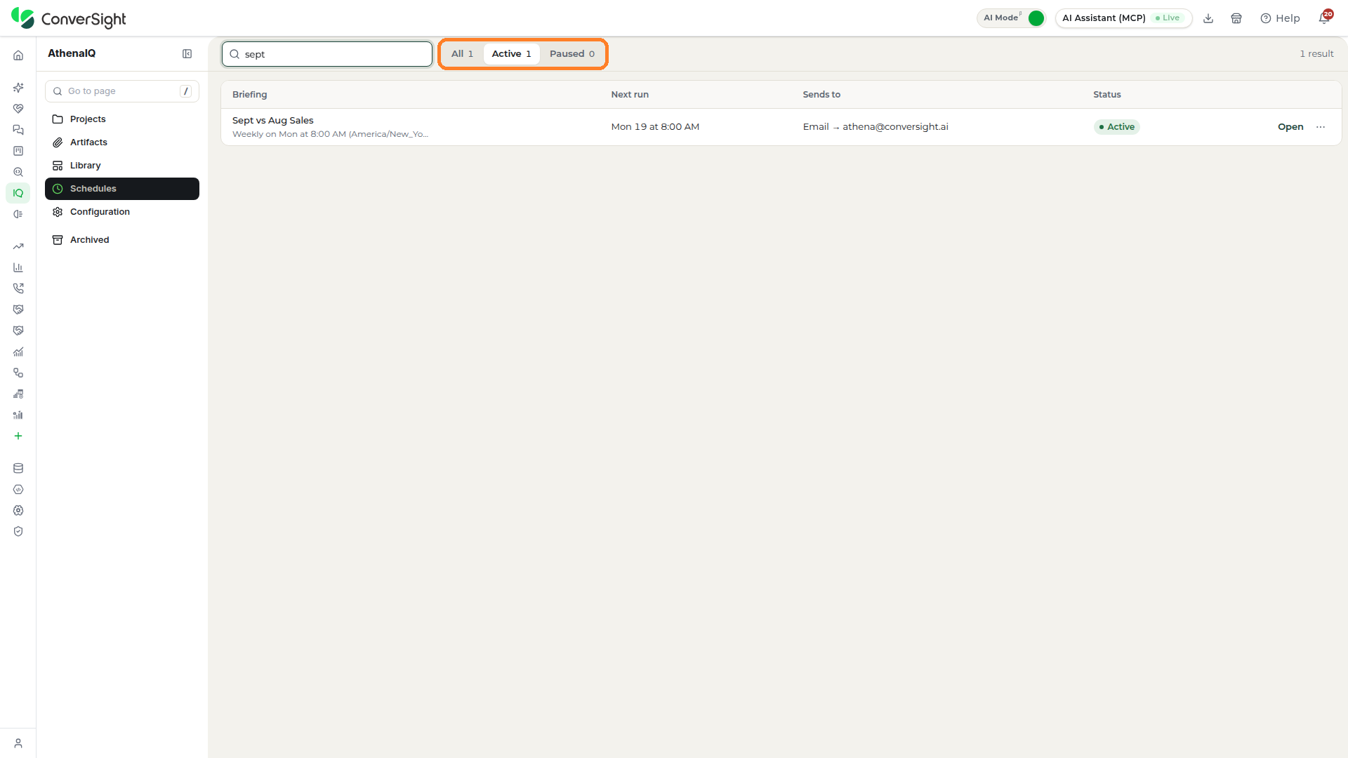 All, Active and Paused tabs highlighted on the Schedules section, each with its count
