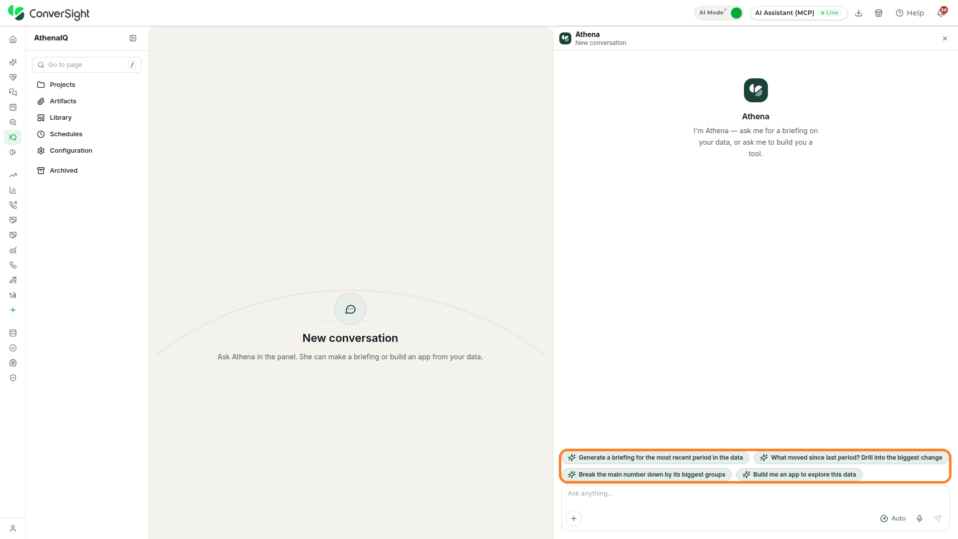 Four suggested prompts highlighted above the Athena chat input area in the Athena chat