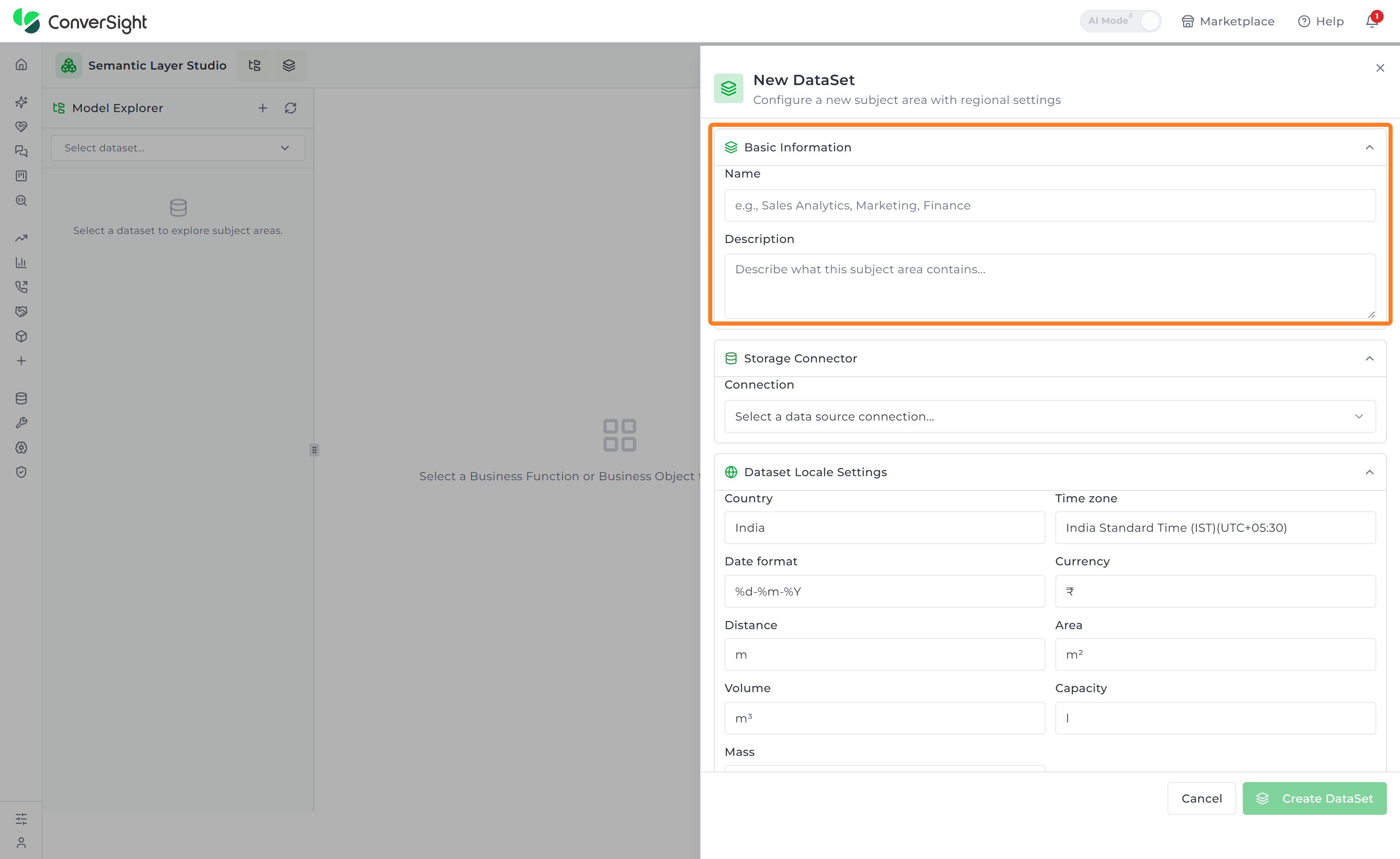New DataSet panel with the Basic Information section expanded, showing the Name and Description fields