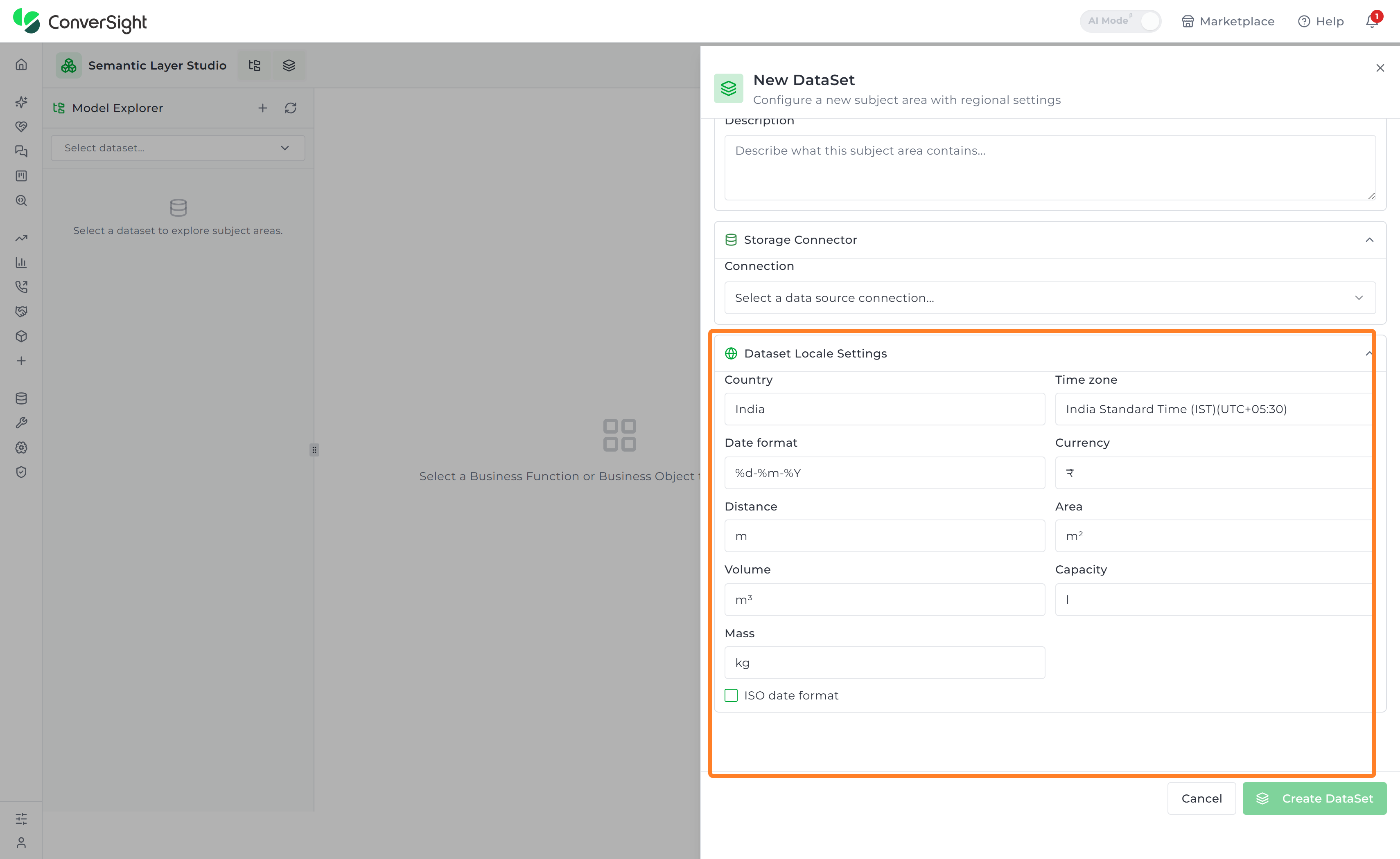 New DataSet panel with the Dataset Locale Settings section expanded, showing the locale fields