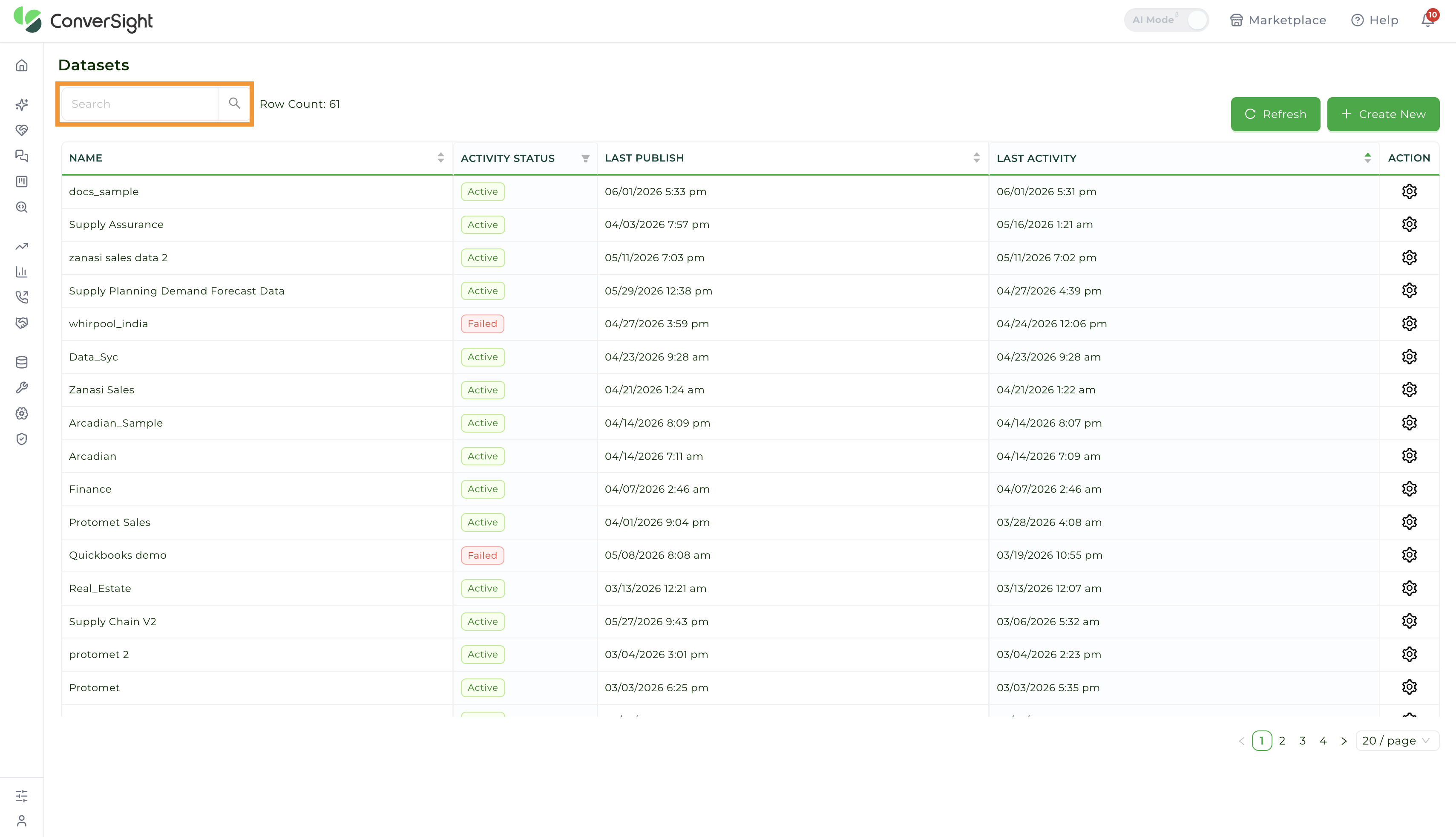 Datasets page with the search box at the top-left highlighted