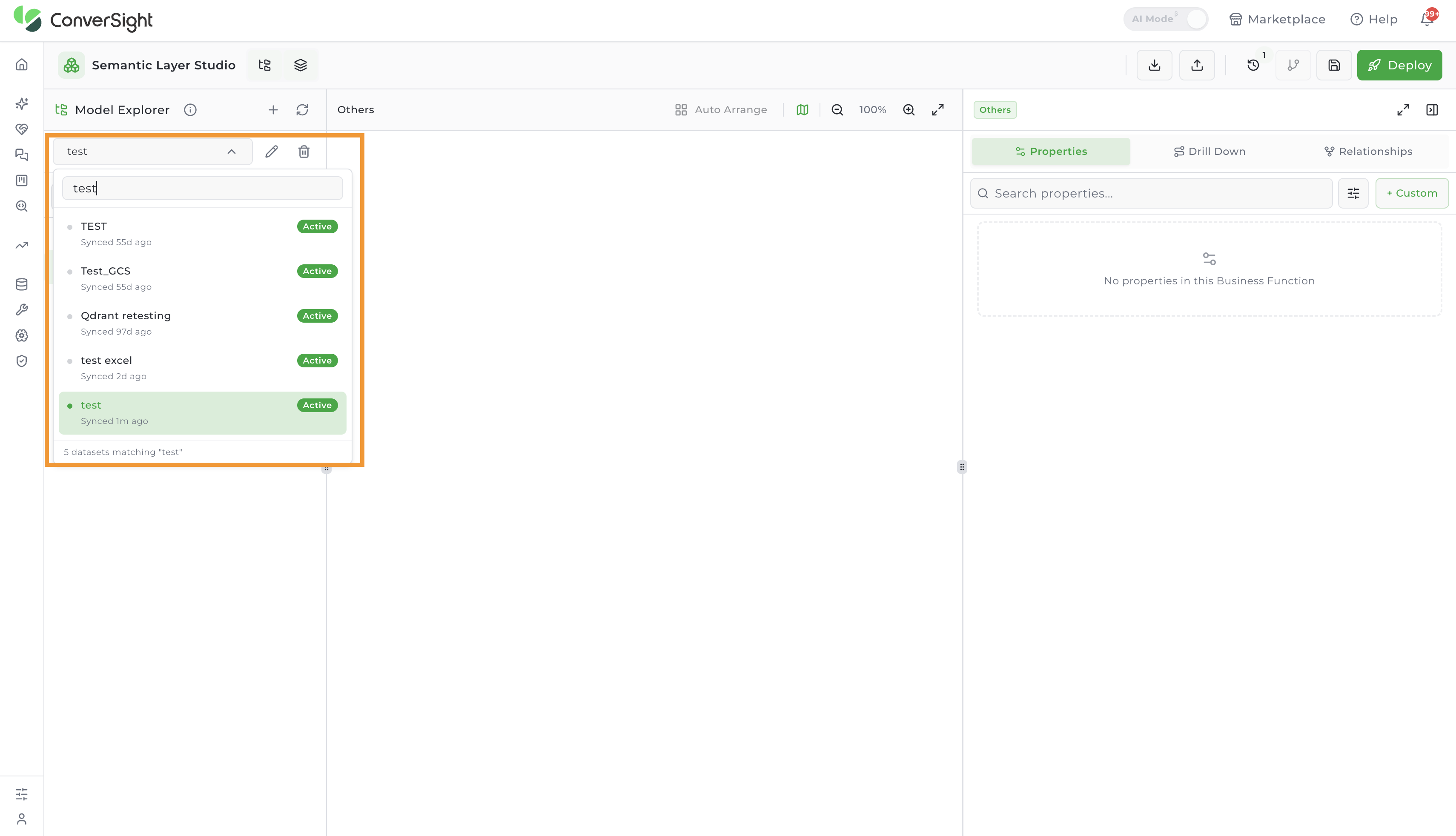 Semantic Layer Studio with the Select dataset dropdown highlighted