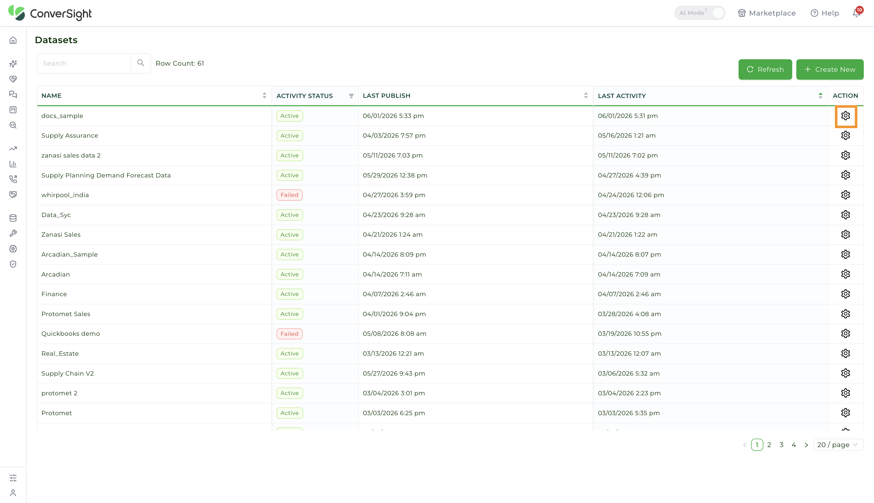 Datasets page with the settings icon in the Action column highlighted