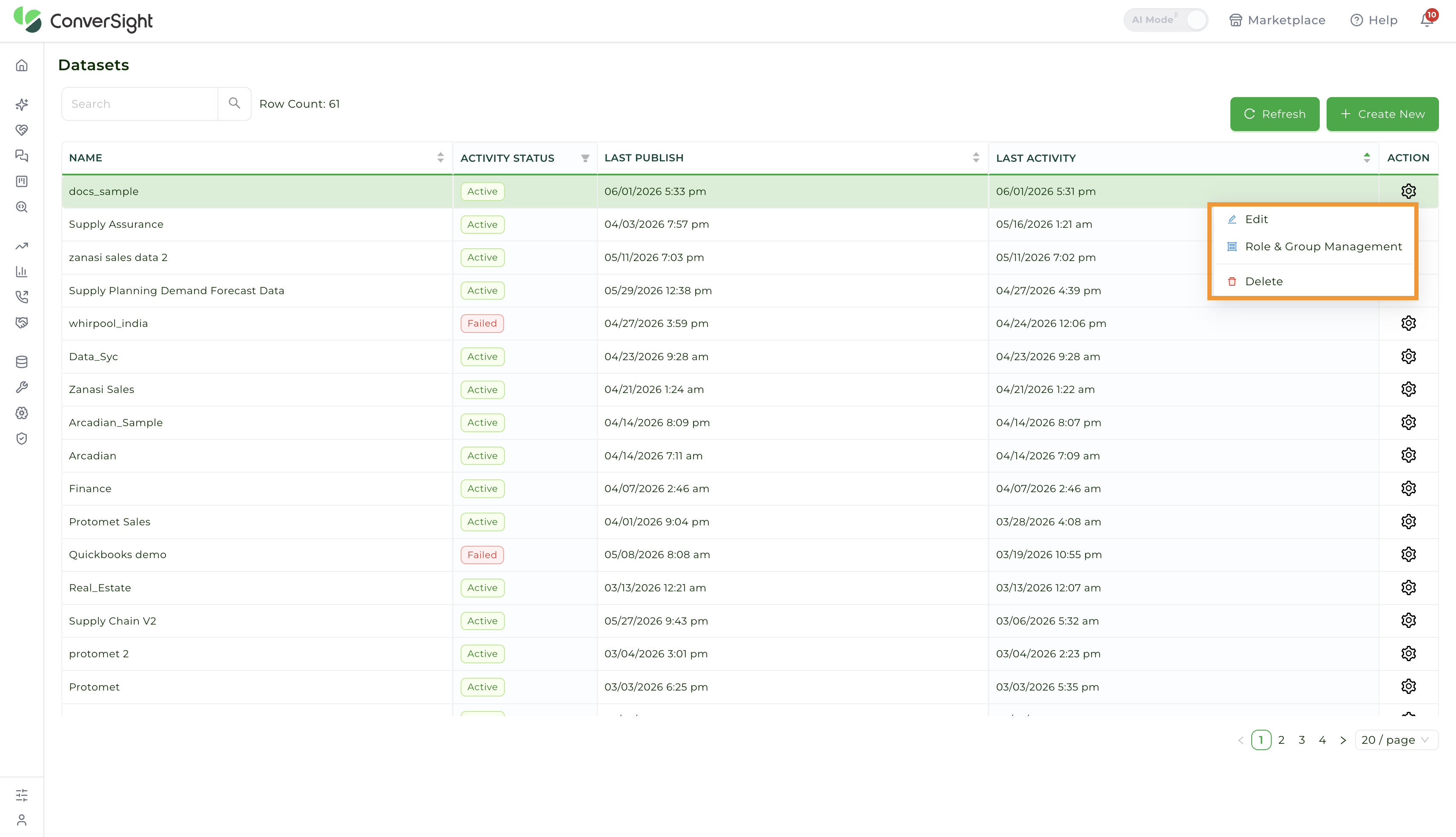 Dataset settings menu showing the Edit, Role & Group Management, and Delete options