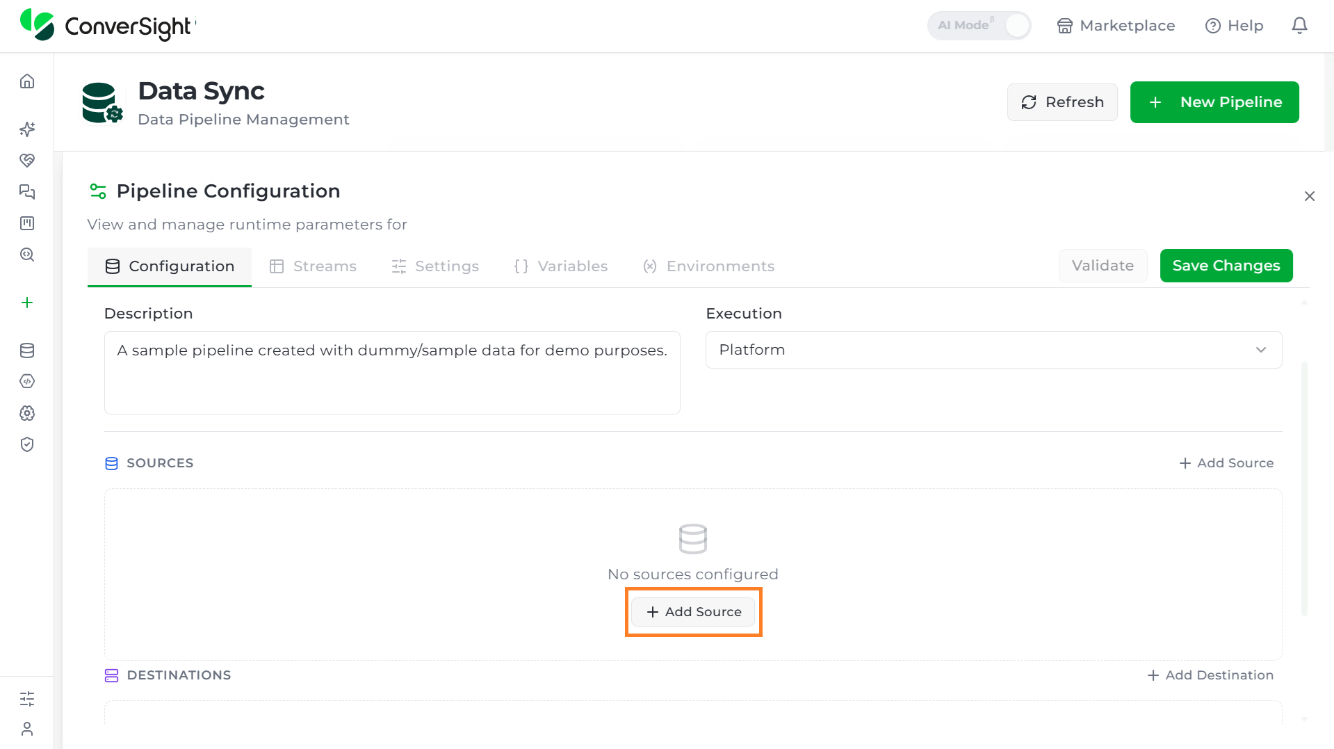 Sources section with Add Source clicked, showing the searchable list of existing connectors