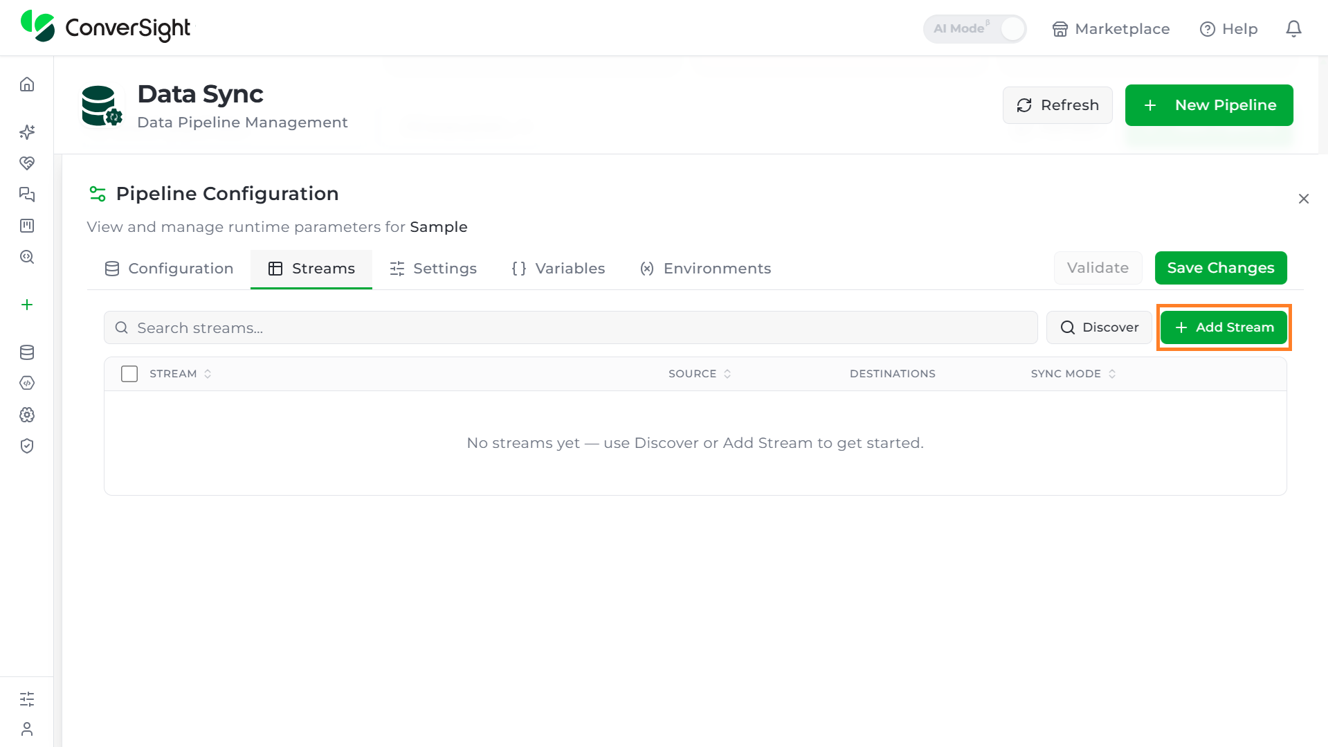 Streams table after clicking Add Stream, showing the Stream, Source, Destinations, and Sync Mode columns