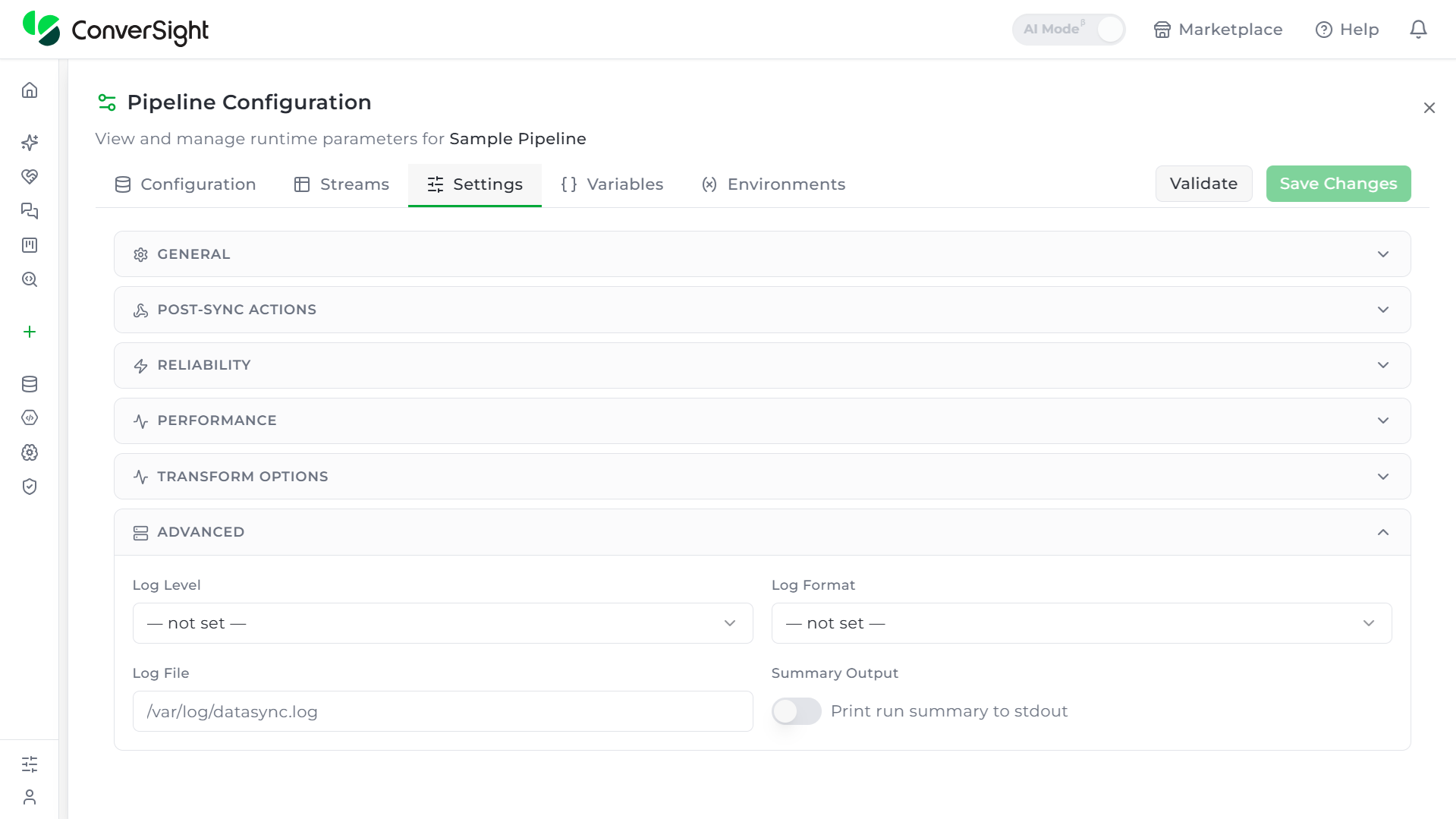 Advanced section under pipeline Settings, showing the Log Level, Log Format, Log File, and Summary Output fields