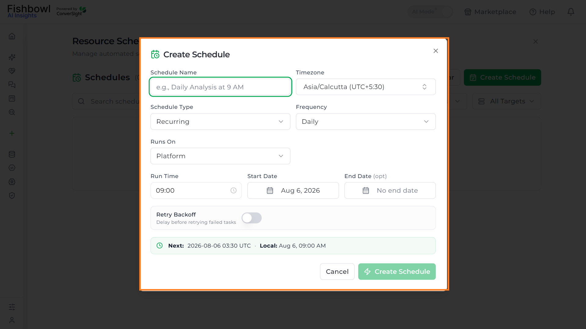 Schedule creation form with a recurrence configured, showing the live Next preview