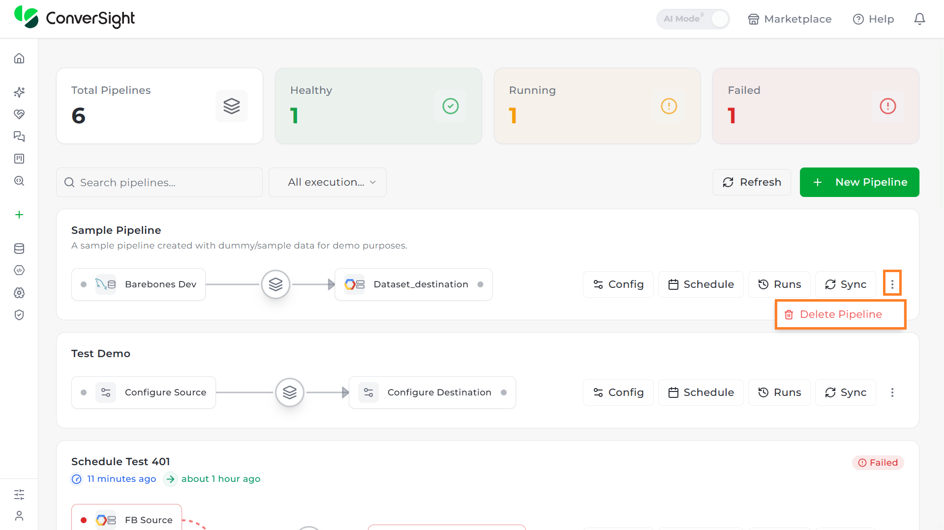 Delete Pipeline confirmation for removing a pipeline along with its configuration, streams, and schedules