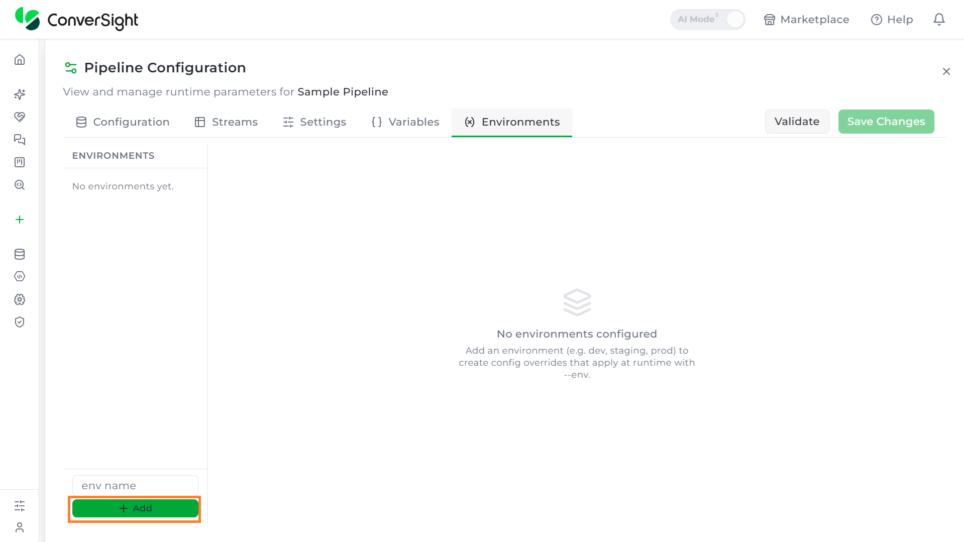 Environments tab, showing the environments list and the override JSON editor