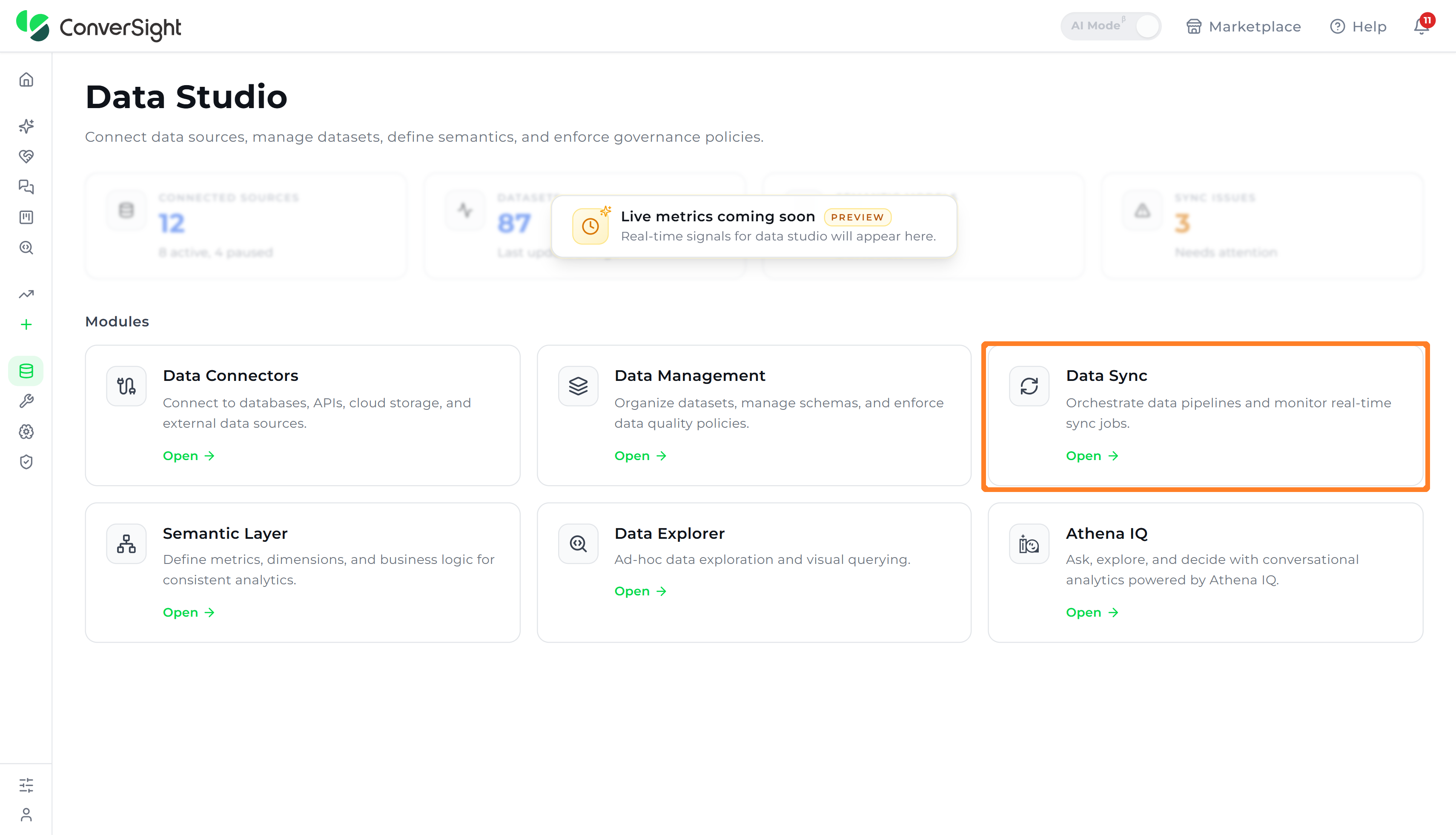 Data Sync module highlighted in the Modules section of the Data Studio landing page