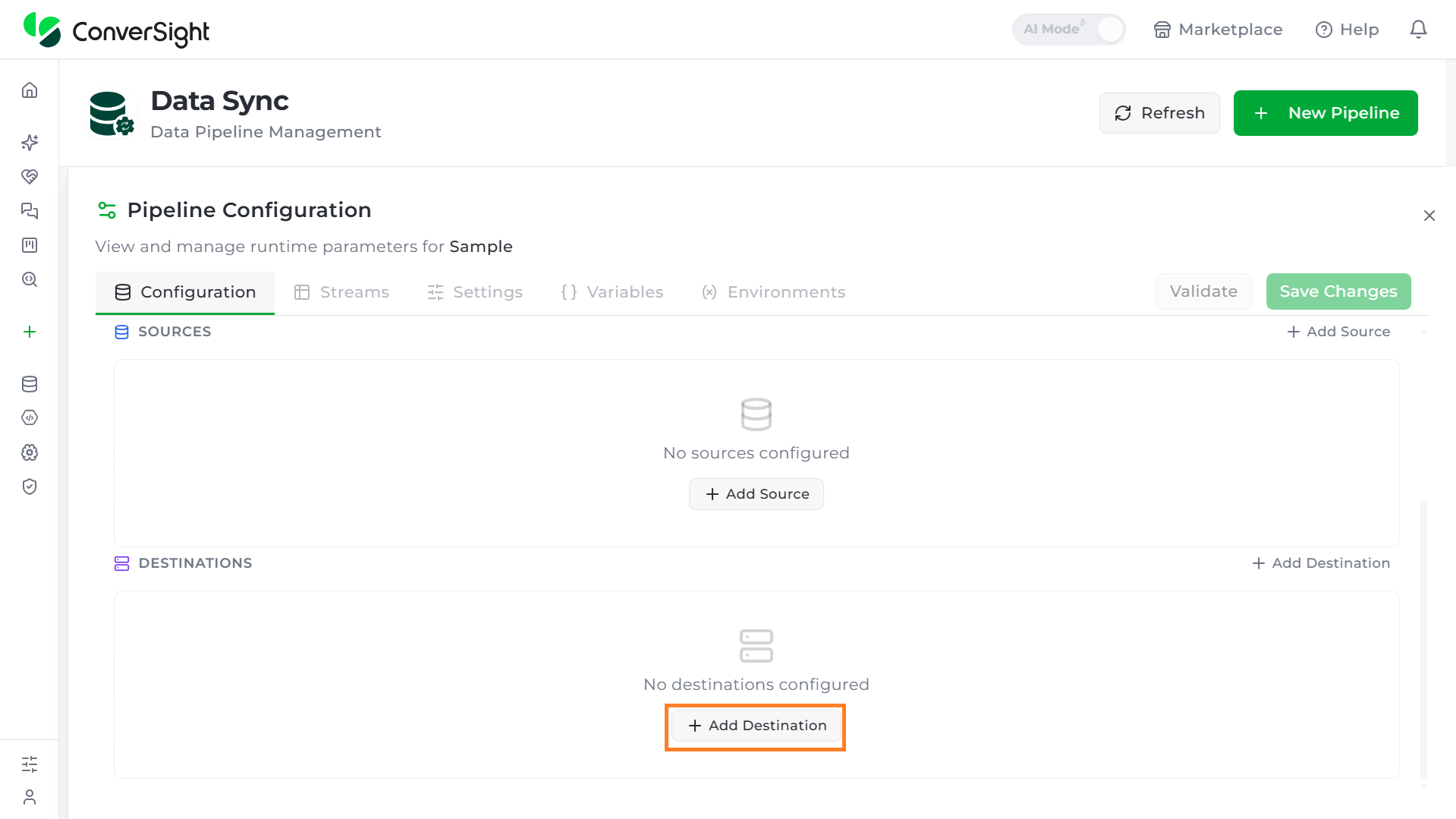Destinations section with Add Destination clicked, showing the searchable list of existing connectors