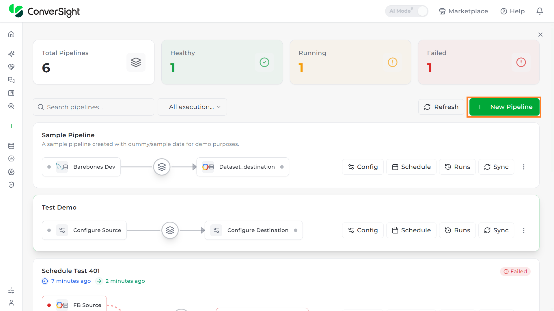 Pipeline Configuration panel's Configuration tab, opened by clicking + New Pipeline