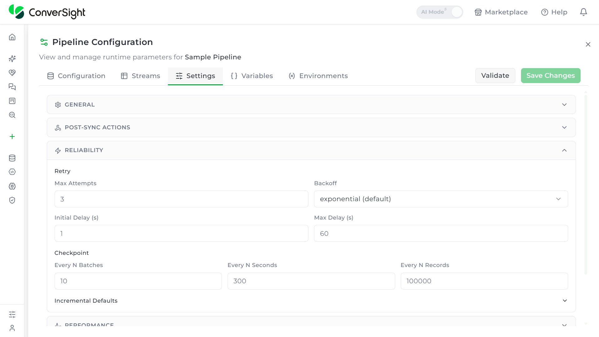 Reliability section, showing the Retry and Checkpoint fields and their defaults
