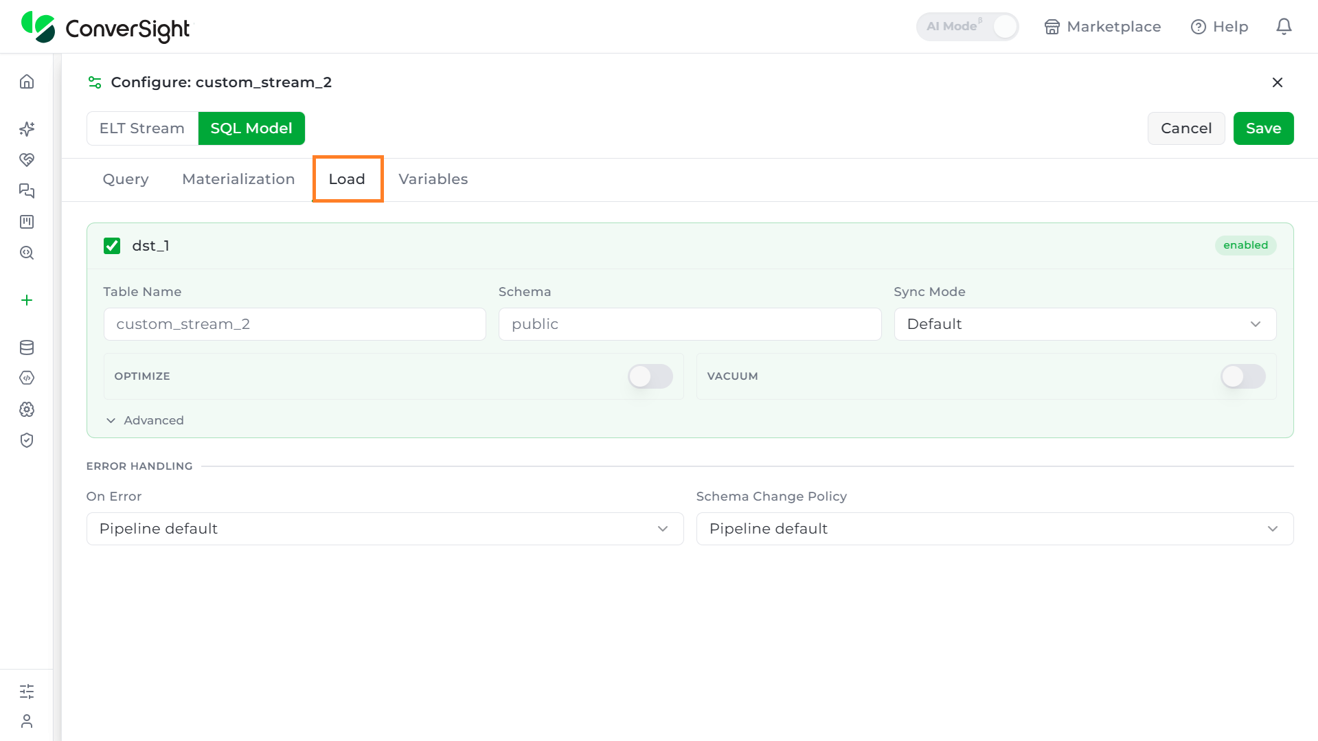 Load tab of a stream's configuration panel, showing the destination alias, table name/schema, and sync mode fields