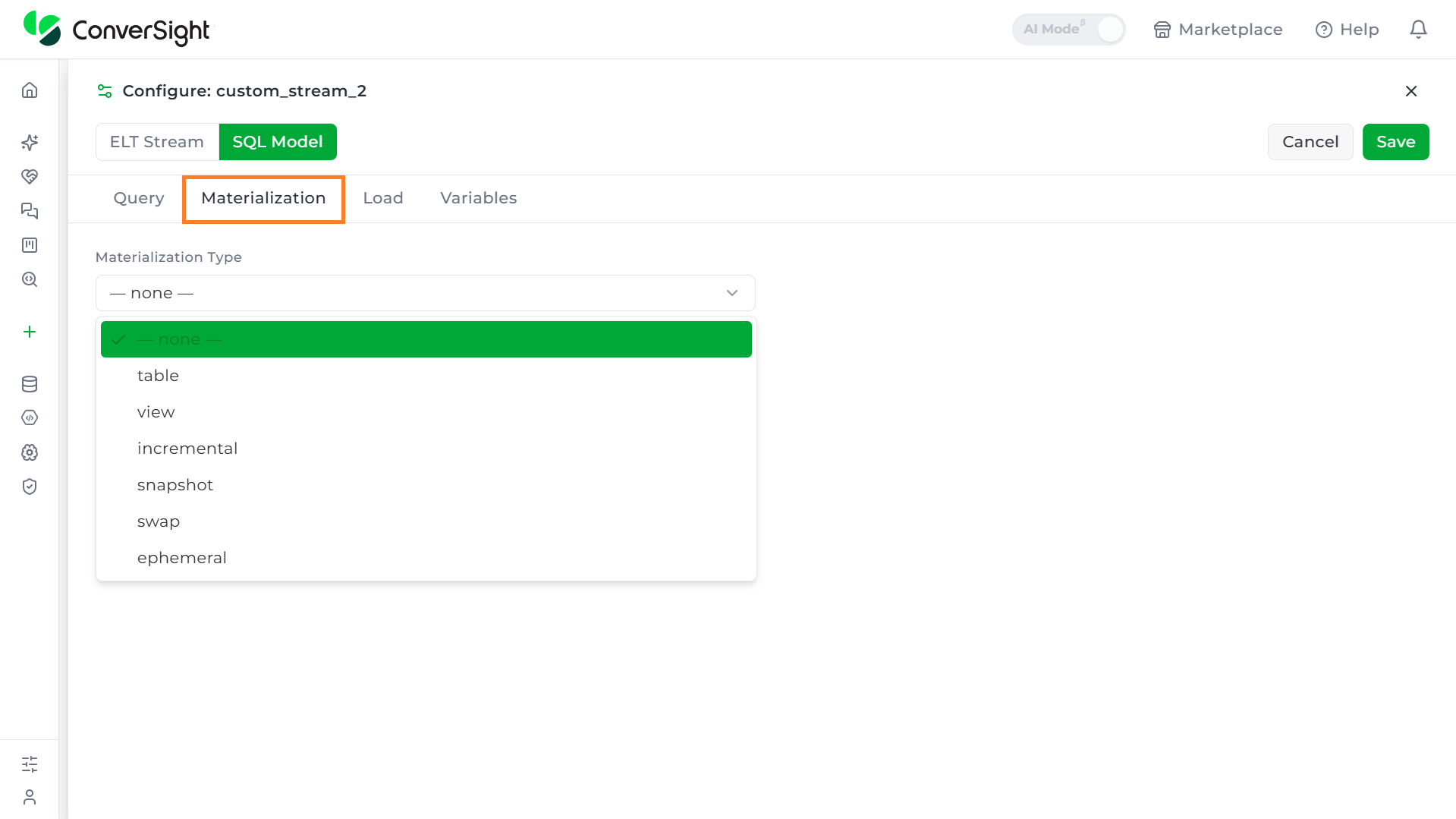Materialization tab of SQL Model mode, showing the Materialization Type field