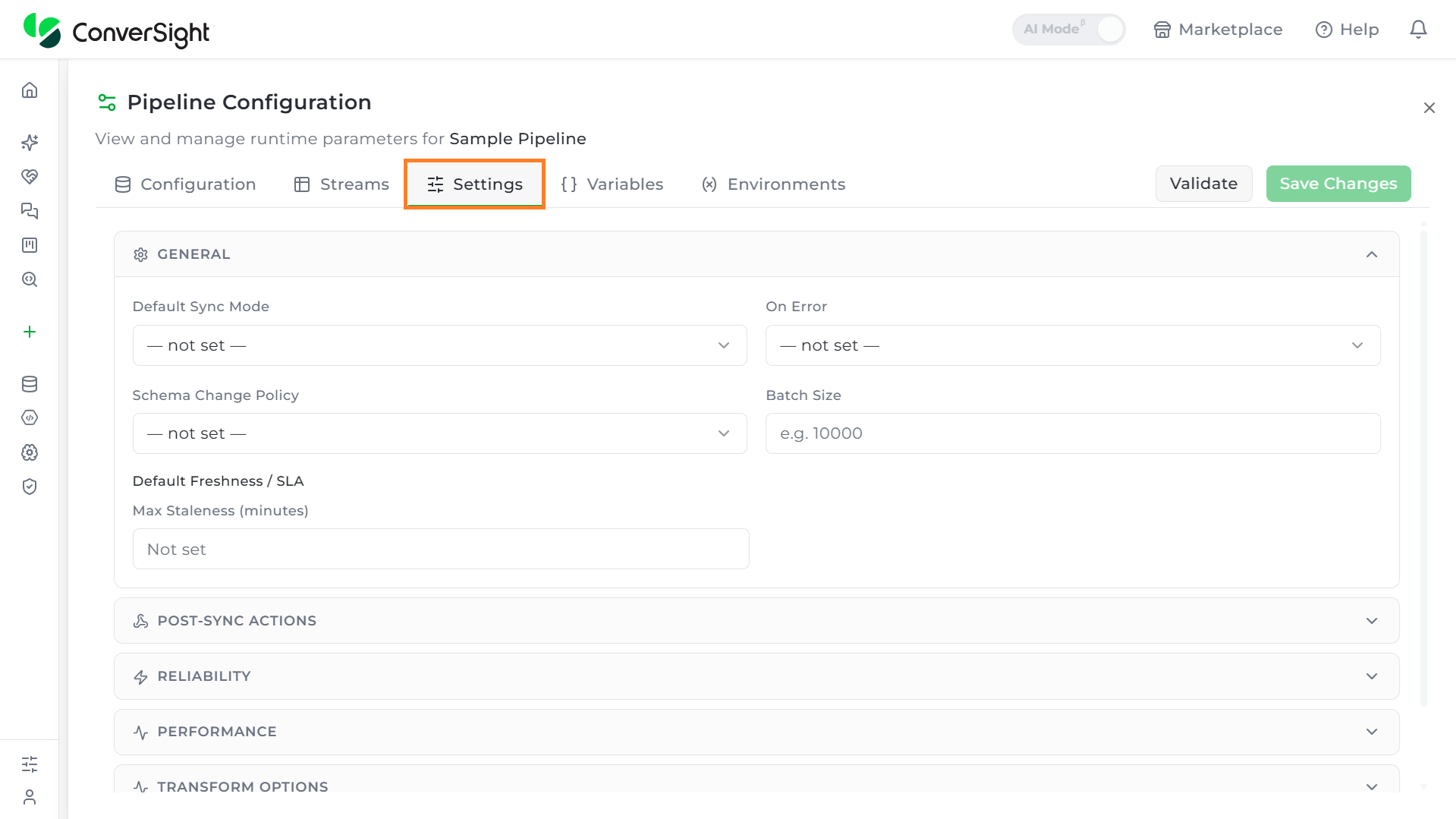Pipeline Settings tab, showing the General, Post-Sync Actions, Reliability, Performance, Transform, and Advanced sections