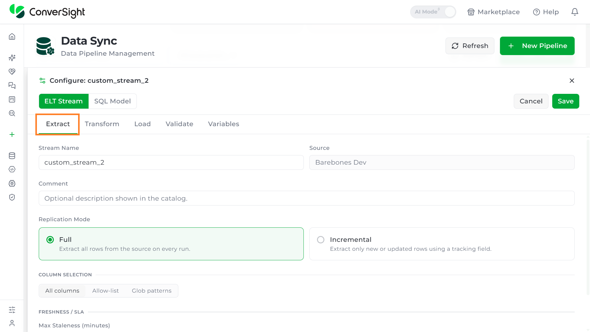 Extract tab of a stream's configuration panel, showing Replication Mode, Column Selection, and Freshness/SLA fields