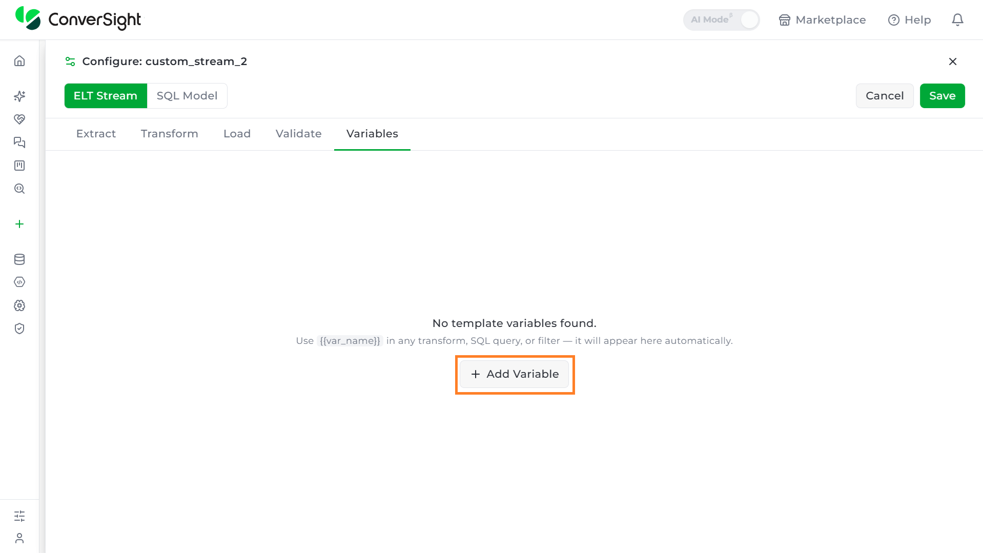 Validate tab of a stream's configuration panel, showing the On Validation Failure setting and Validation Rules list