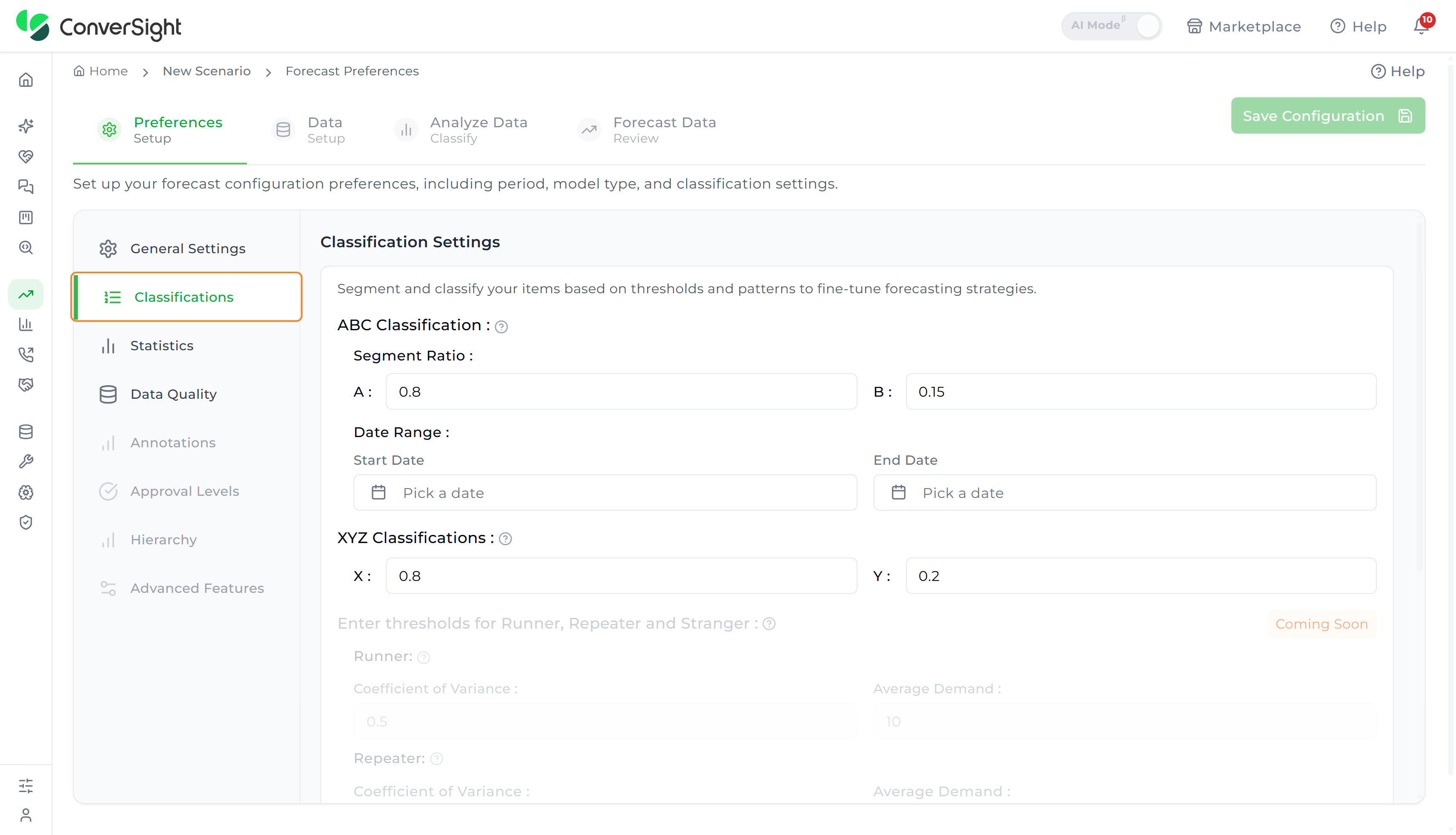 Classification Settings page showing ABC and XYZ classifications