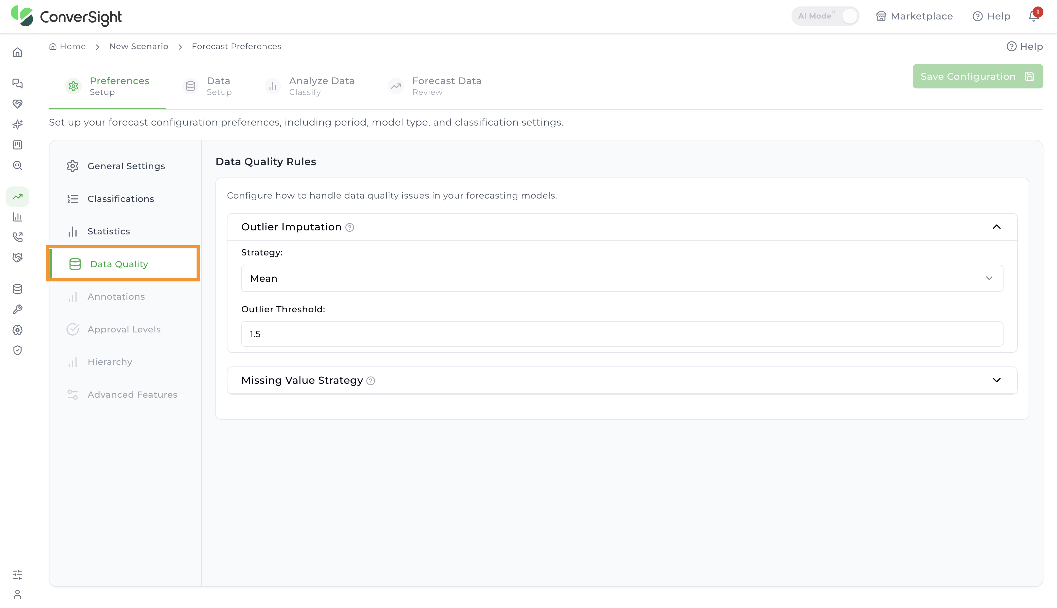 Data Quality Rules page with Outlier Imputation and Missing Value Strategy