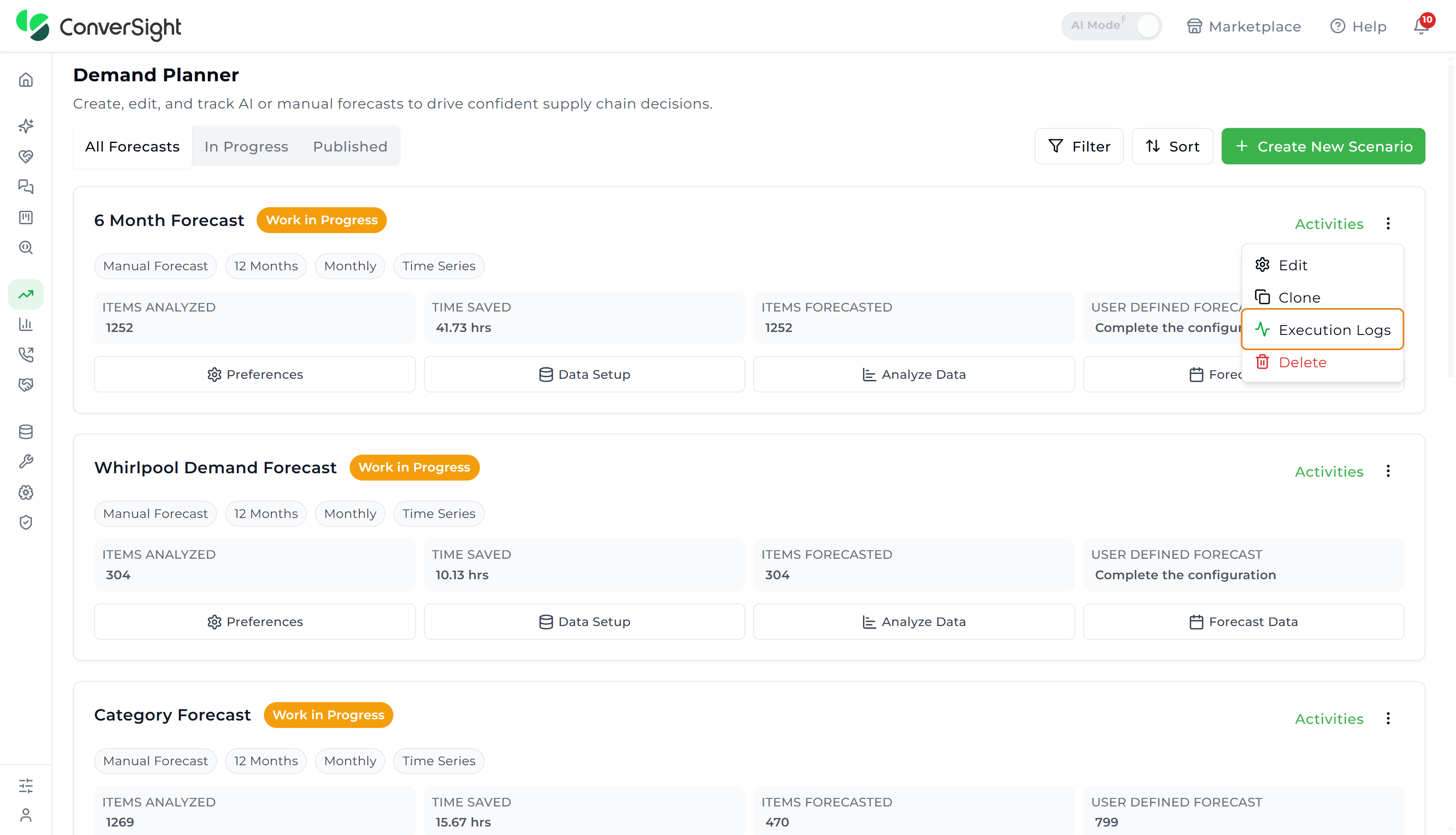 Execution Logs side panel showing the timestamped run history