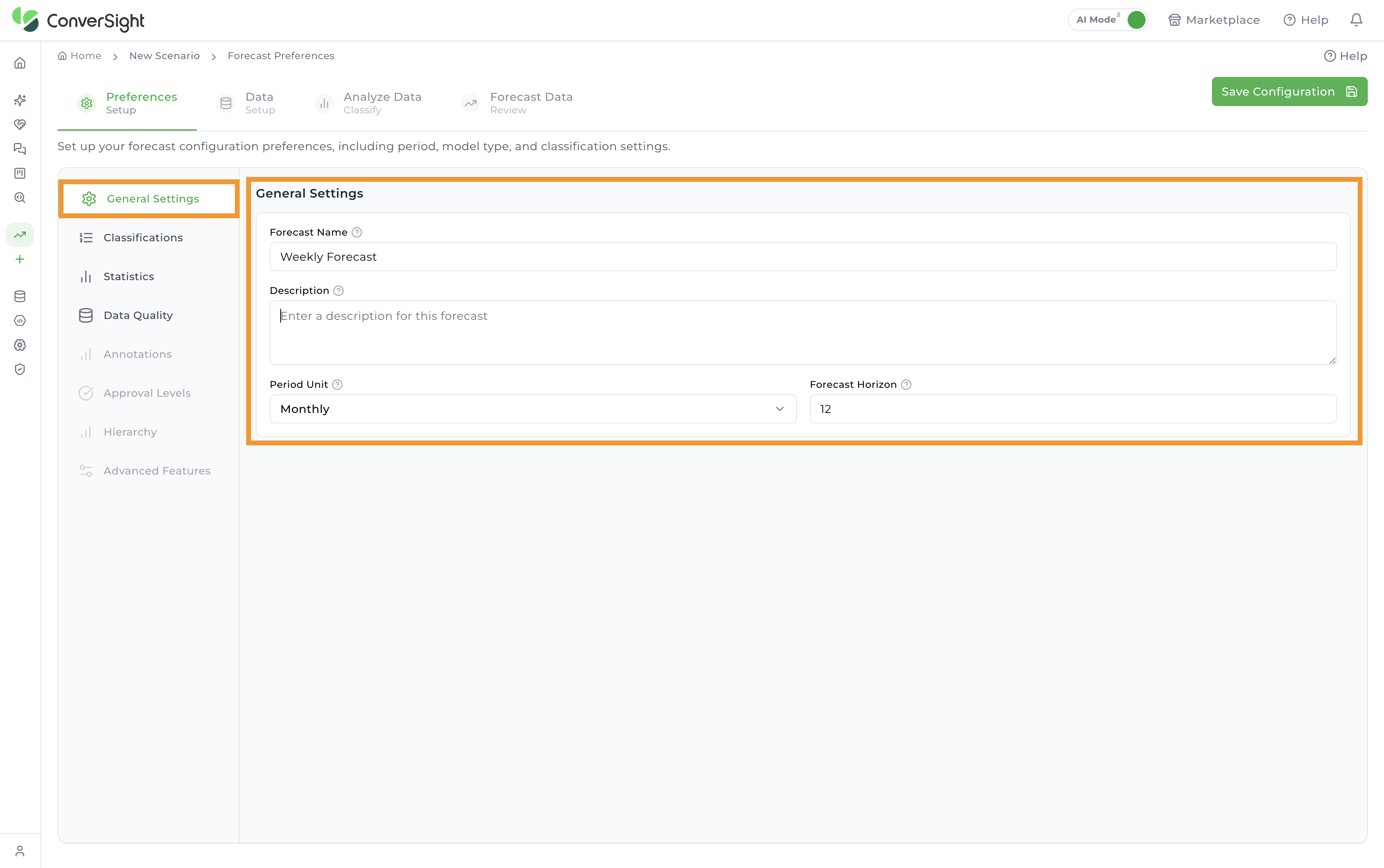 General Settings page showing Forecast Name, Description, Period Unit and Forecast Horizon