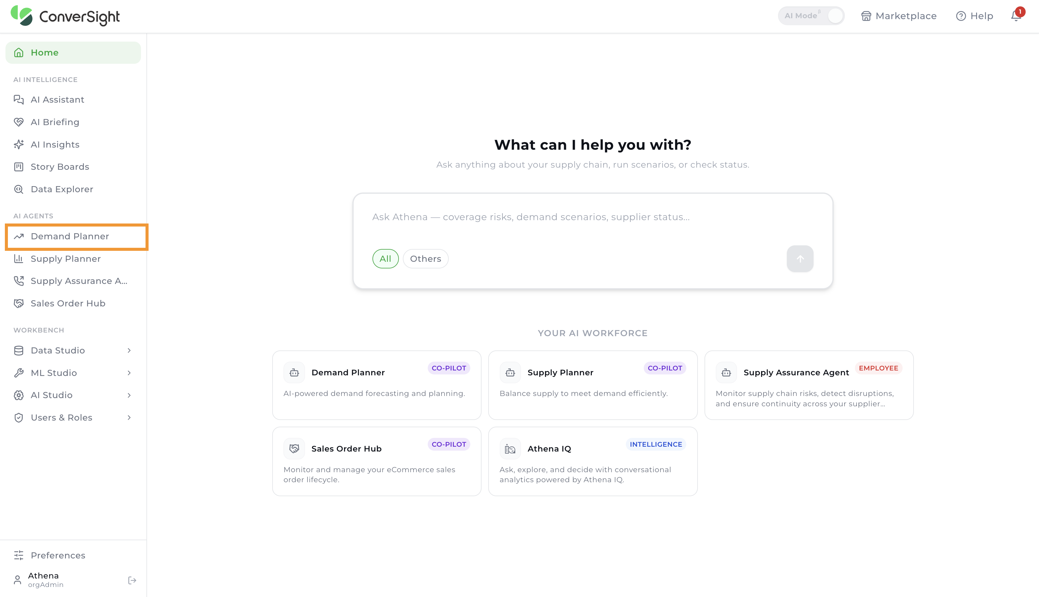 Demand Planner option in the AI Agents section of the left sidebar