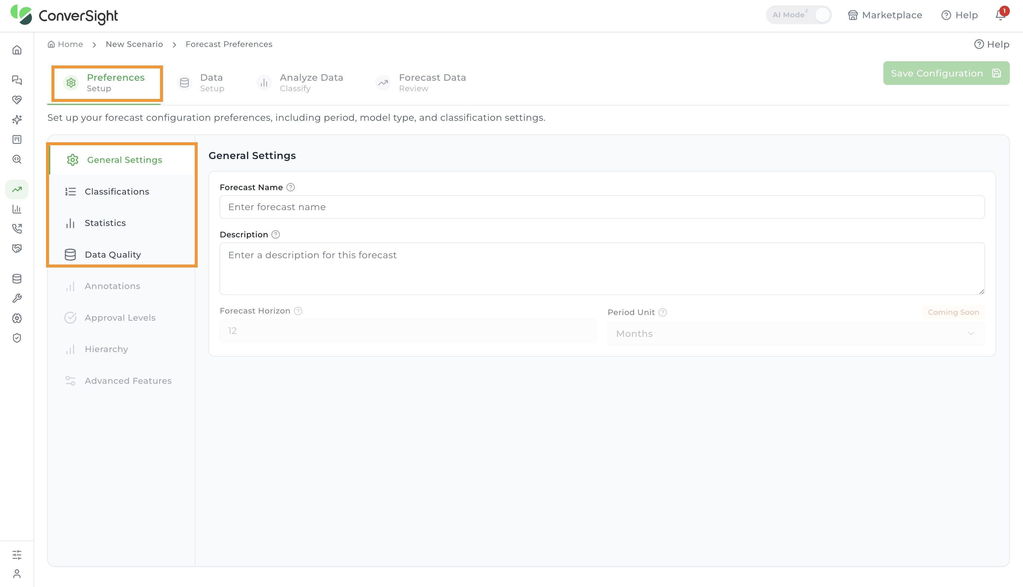 Preferences stage showing the four sub-steps