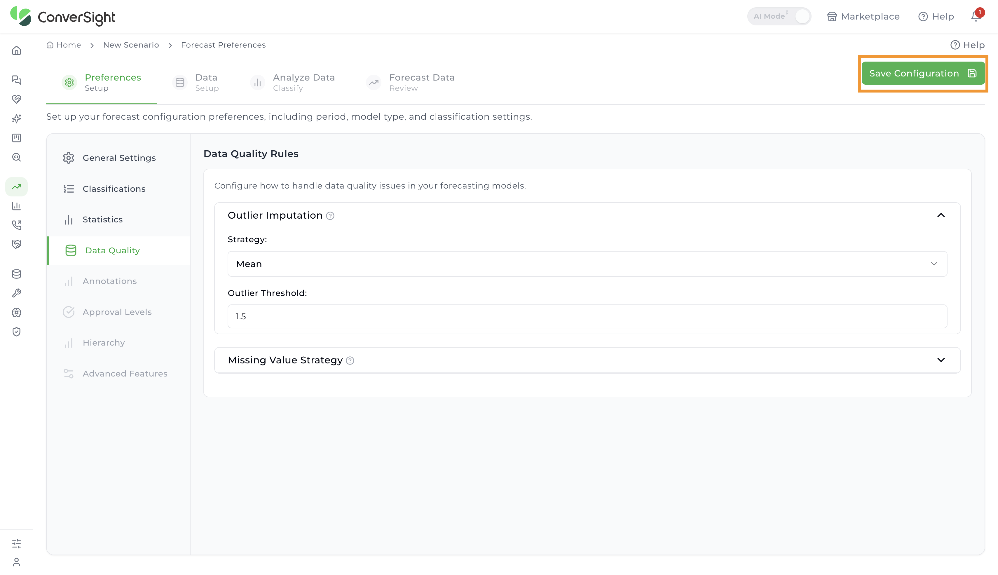 Save Configuration button at the top right of the Preferences page