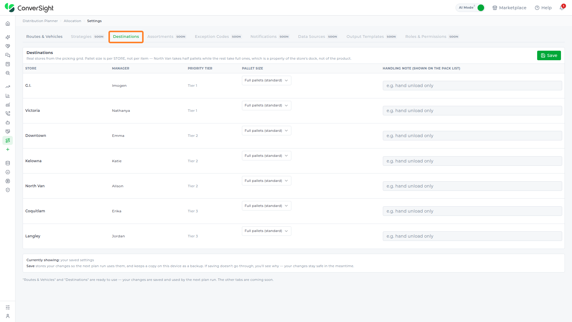 Destinations tab showing its Store, Manager, Priority Tier, Pallet Size, and Handling Note columns populated with the network's real stores