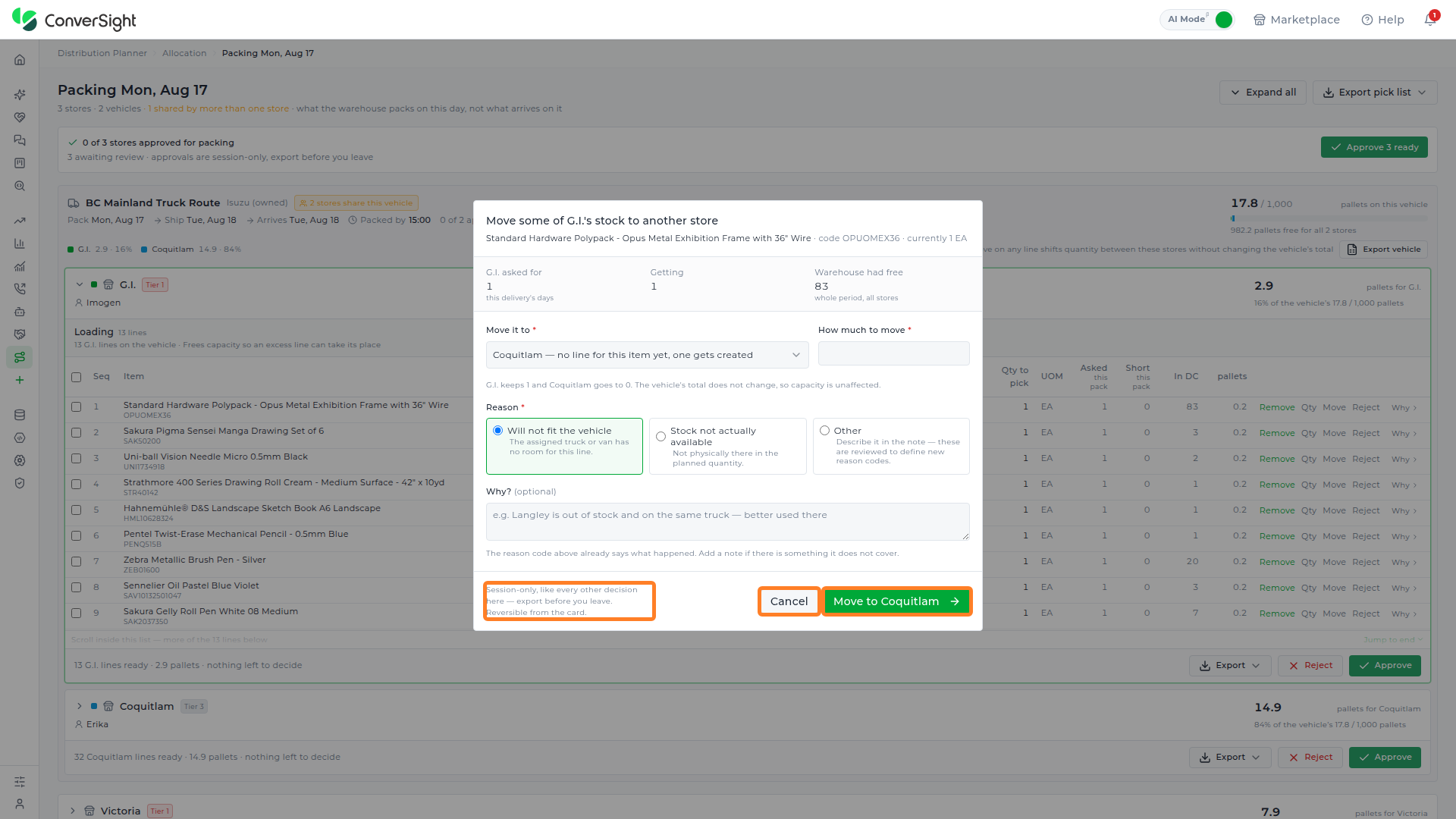 Move some of G.I.'s stock to another store popup with the Move to Coquitlam button, the Cancel button, and the session-only/reversible footer note highlighted
