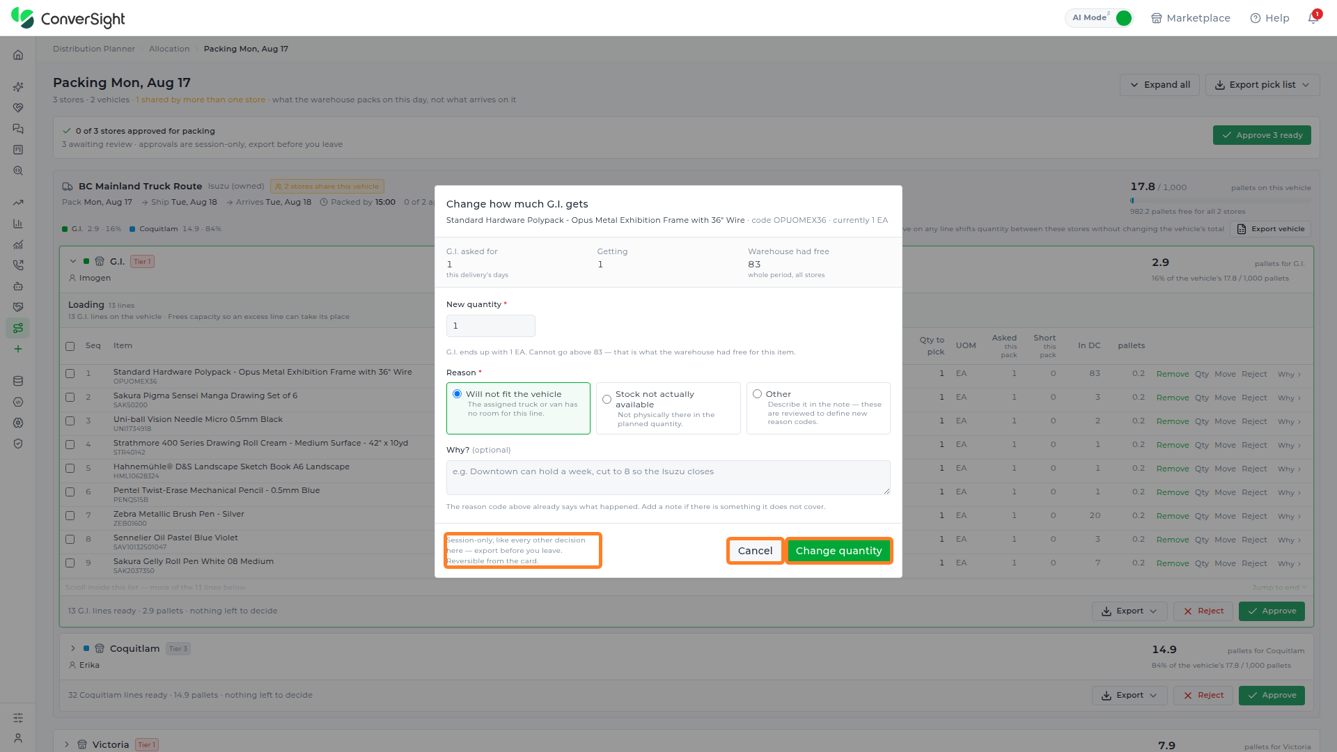 Change how much G.I. gets popup with the Change quantity button, the Cancel button, and the session-only/reversible footer note highlighted