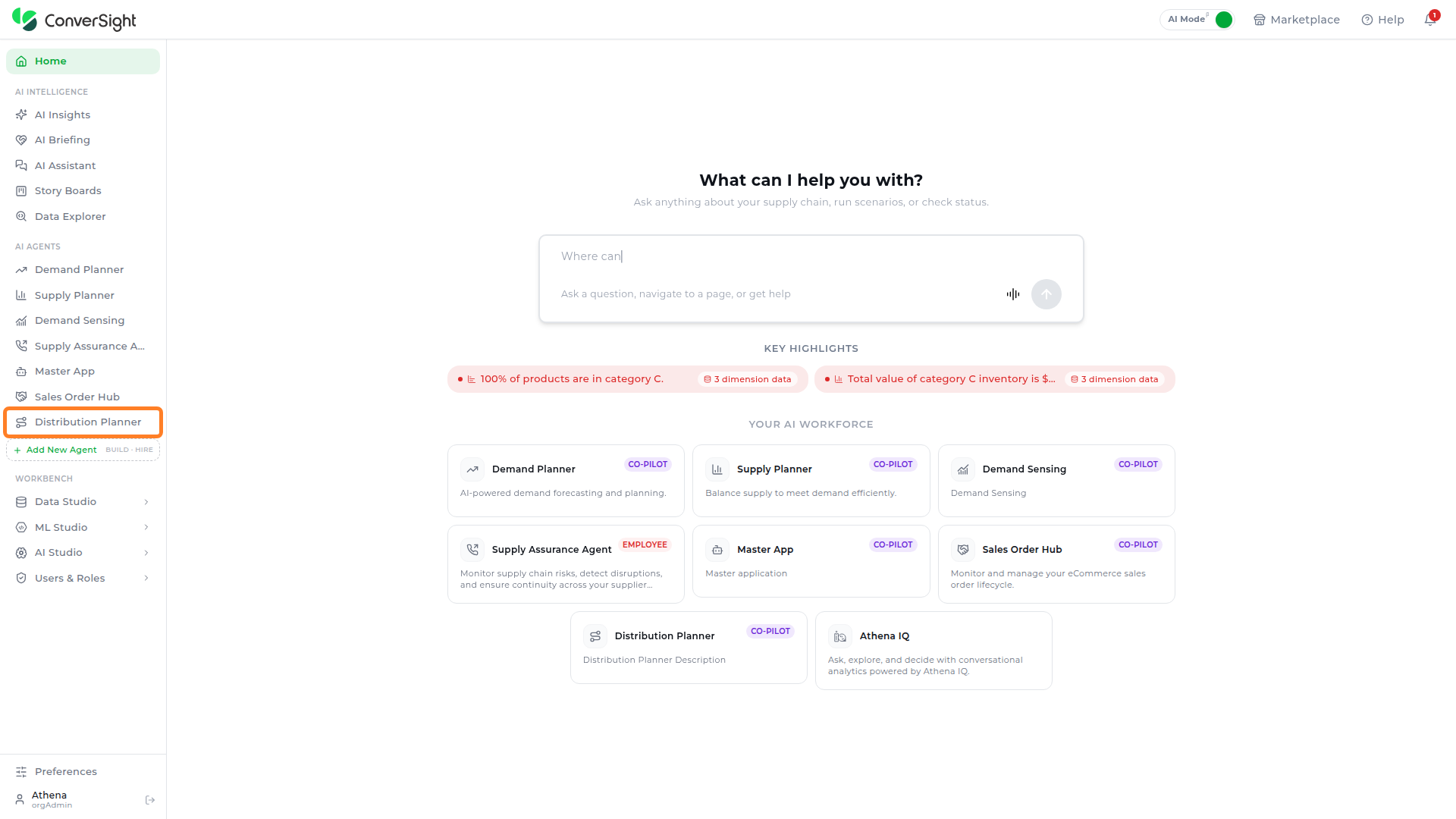 Distribution Planner option highlighted in the AI Agents section of the left navigation panel