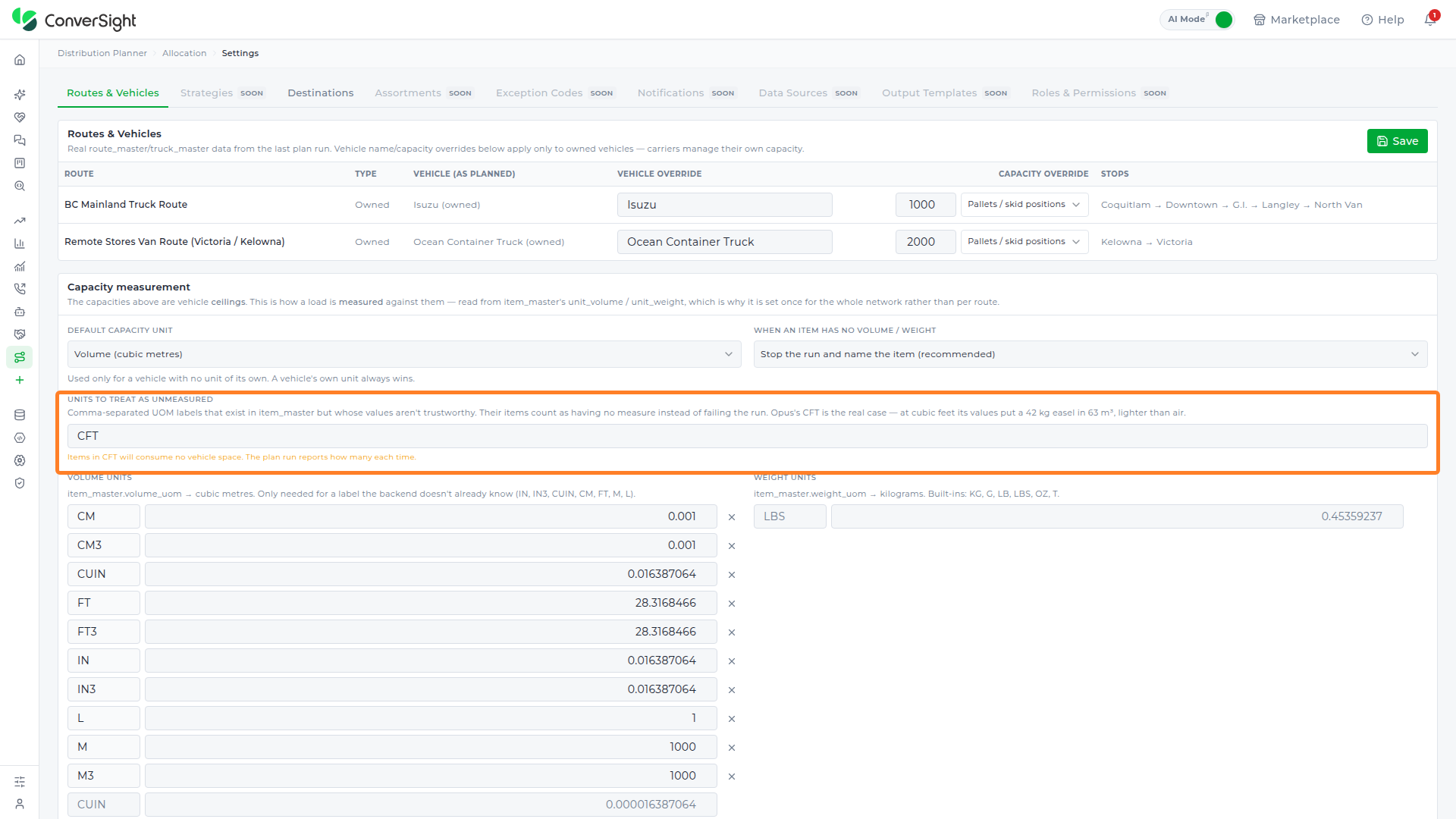 Units to Treat as Unmeasured field highlighted, showing its description and a configured CFT entry