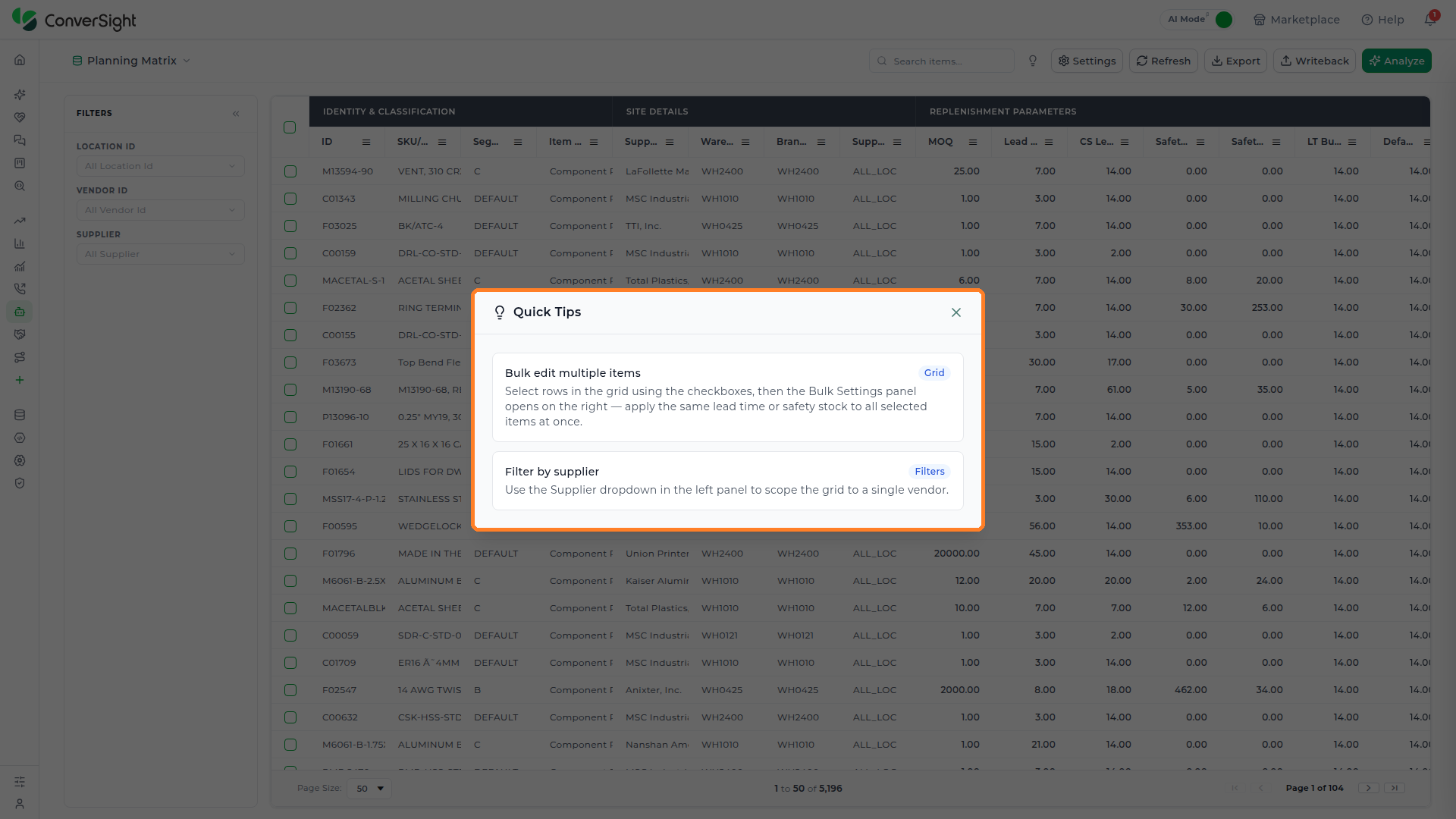 Quick Tips popup showing two tips: bulk-editing selected rows via the Bulk Settings panel, and filtering by supplier