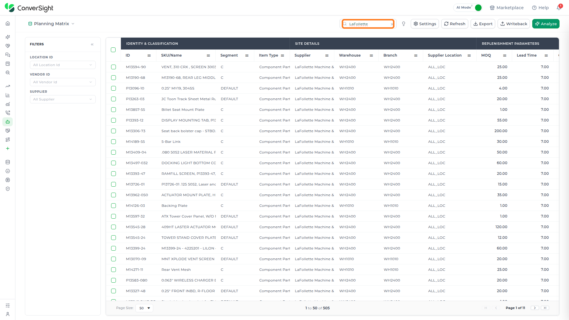 Search items box in the Master App toolbar, filtering the Planning Matrix grid down to rows matching a typed supplier name