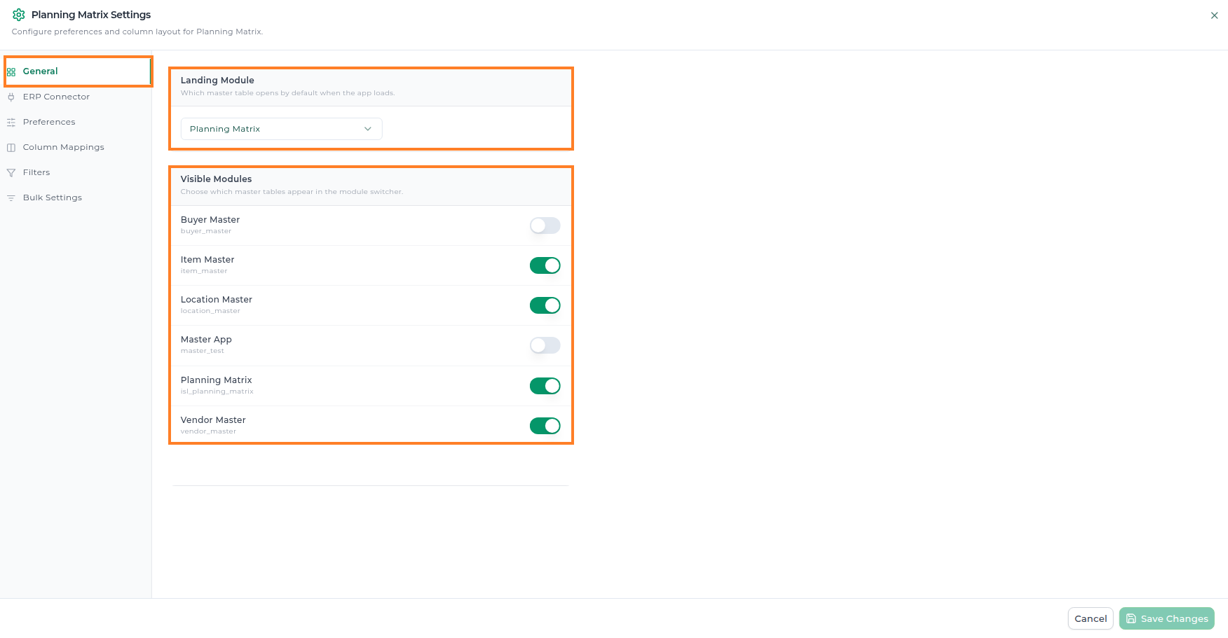 Settings popup open on the General section, showing the Landing Module dropdown and the Visible Modules list with an on/off toggle for each master table