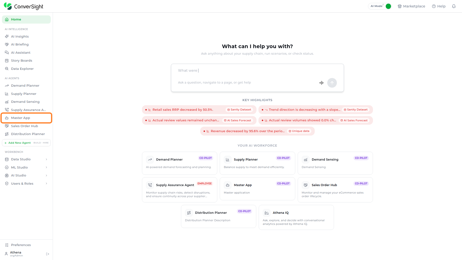 Master App highlighted in the AI Agents section of the left navigation panel