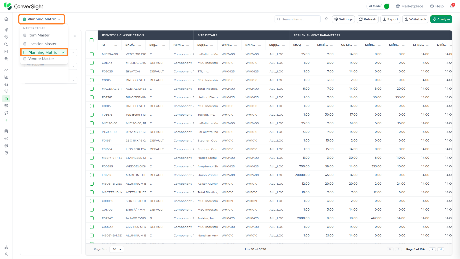 MASTER TABLES switcher open, listing the master data tables available from the table switcher