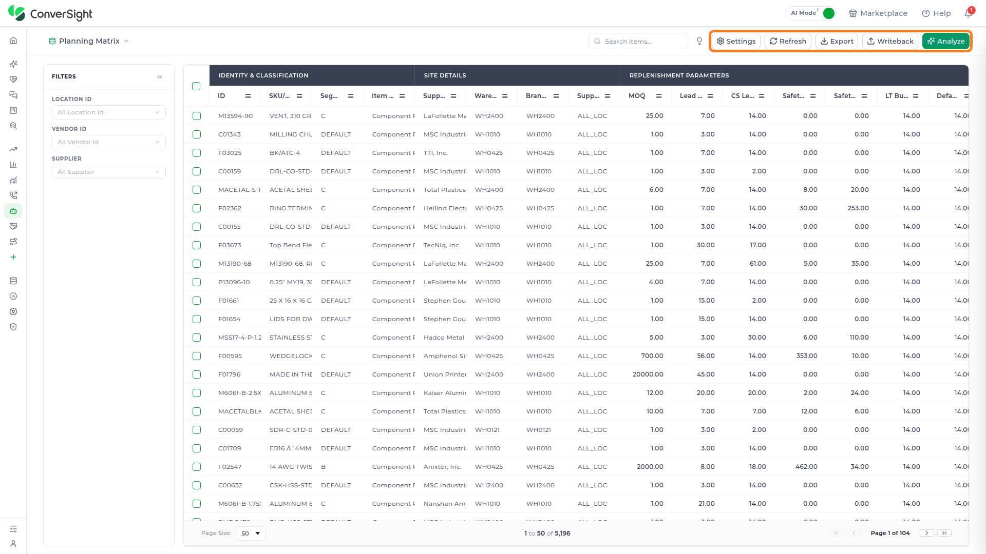 Settings, Refresh, Export, Writeback, and Analyze controls at the top right of the Master App page